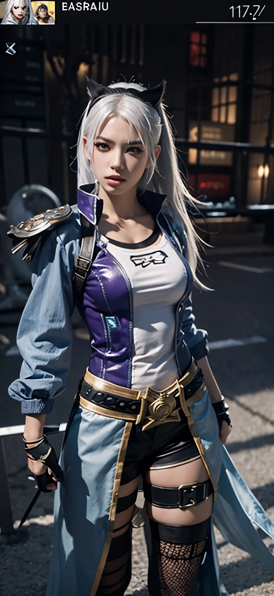 a close up of a person in a costume with a sword, as a character in tekken, female character, tifa lockhart with white hair, katana zero video game character, lunar themed attire, kda, slim body, cyborg - girl with silver hair, upper body realistic, fashion gameplay screenshot, fighting game character, new character, floralpunk elysian maiden, sigma female