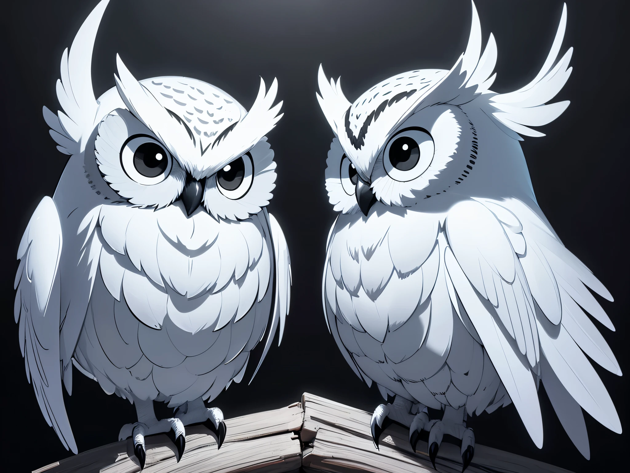 Owl line art, black background, (white and silver only 1.2)