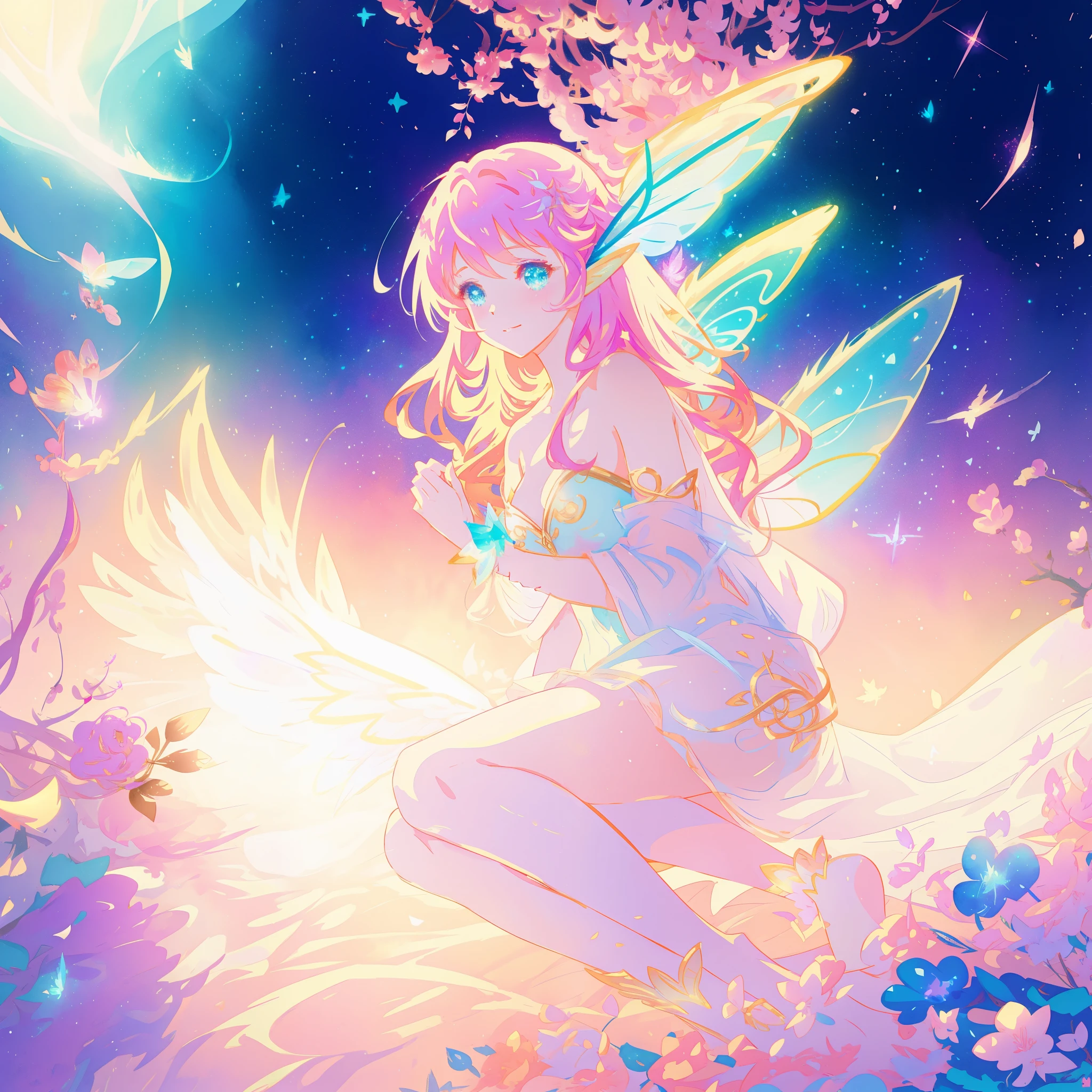 beautiful fairy girl, fairy queen, magical fantasia background, (glowing fairy wings), long wavy hair, sparkling fairy wings, watercolor illustration, inspired by Glen Keane, inspired by Lois van Baarle, disney art style, jen bartel, beautiful digital illustration, beautiful, masterpiece, best quality, anime disney style