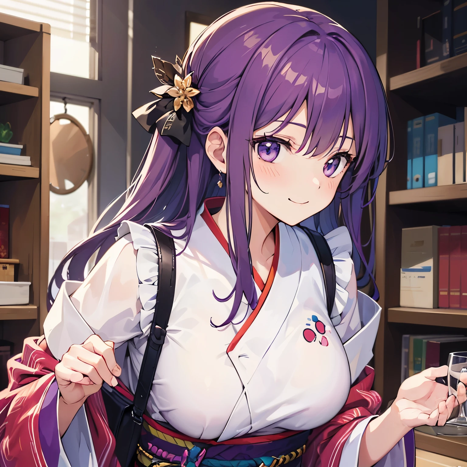 (T Masterpiece,4k wallpaper,best quality))、((girl1people))、(solo)、Brilliant,(purple hair)、(shortcut:1.3)、smile、kimono、clerk