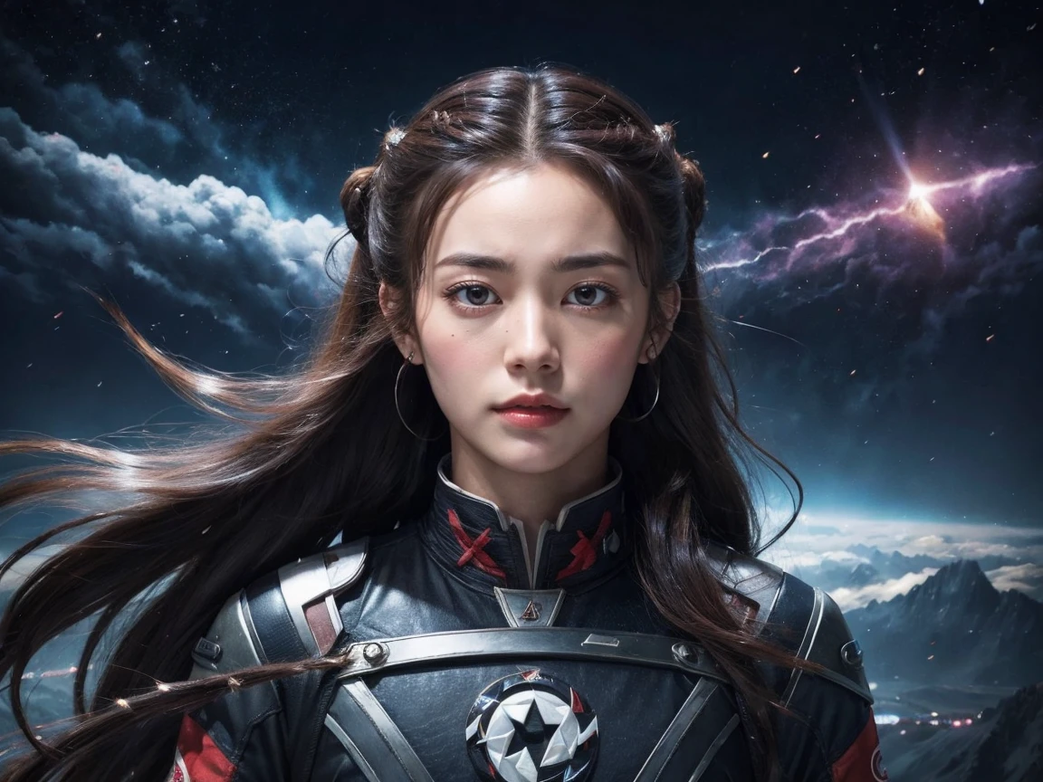 8K, highest quality, masterpiece, realistic, ultra detail,  photograph, HDR, High resolution, cinematic light, official art, High resolution, Depth of written boundary,(running), girl１name、20-year-old, medium long hair,universe,cloudy sky、universe船、Starlight、thunder、lightning、 (Wind:1.8),