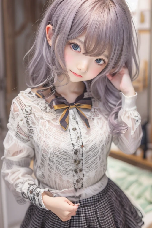 (upper body) , masterpiece , top quality , very detailed , 1 person, (contrasting eyes) , standing , blouse, skirt , bangs , room , indoor