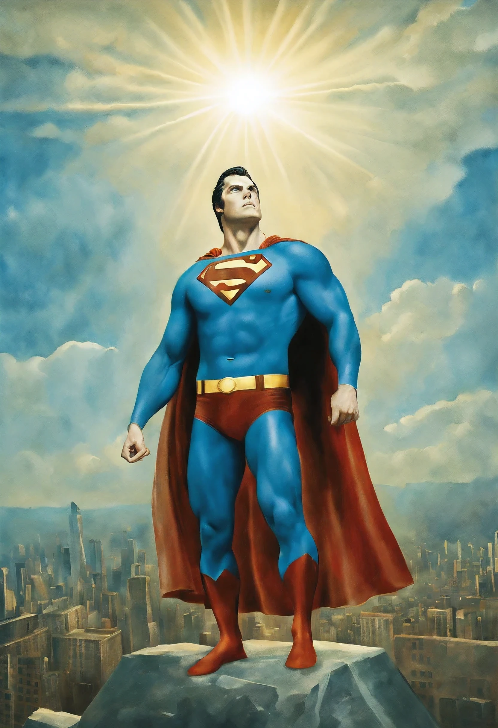 (best quality,4k,8k,highres,masterpiece:1.2),ultra-detailed,(realistic,photorealistic,photo-realistic:1.37),oil painting,Superman,flying in the sky,strength,heroic pose,vibrant colors,dynamic brushwork,highlights and shadows,metropolis skyline in the background,caped crusader,great power and responsibility,traditional art style,aurora borealis,surreal atmosphere,incredible strength,ripped muscles,rippling cape,emblem on the chest,straight, flowing hair,serious expression,dramatic lighting,grandiosity,explosive energy,superhuman strength,determination,golden sunbeam,sky-high altitude,powerful superhero,transcendent,superhuman abilities,defender of justice,parental figure,unyielding spirit,indomitable will,crime-fighting vigilante,legendary icon.