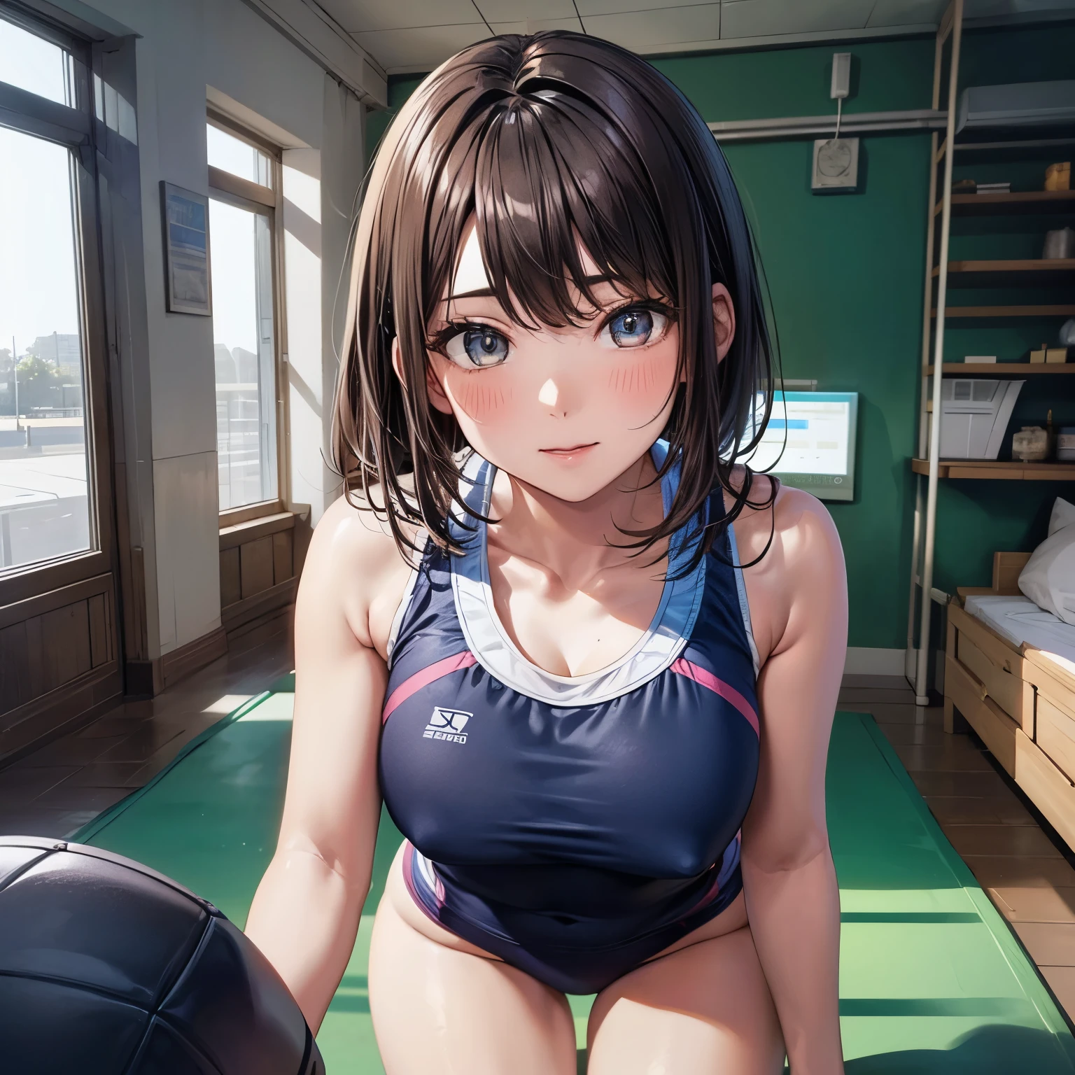 ((masterpiece)), ((highest quality)), (Super detailed), ((cute)), cute, (Lovely), ((sexy)), (device), ((very detailed)), 4K, (8K), highest quality, (beautiful), anime style, realistic, real, (((view from front))), character focus, ((in sports gym)), 1 girl, solo, cute girl, ((Volleyball uniforms)), (hyper cute face), beautiful light brown hair, beautiful black eyes, ((beautiful eyes)), big breasts, embarrassing, blush, shiny, shine,