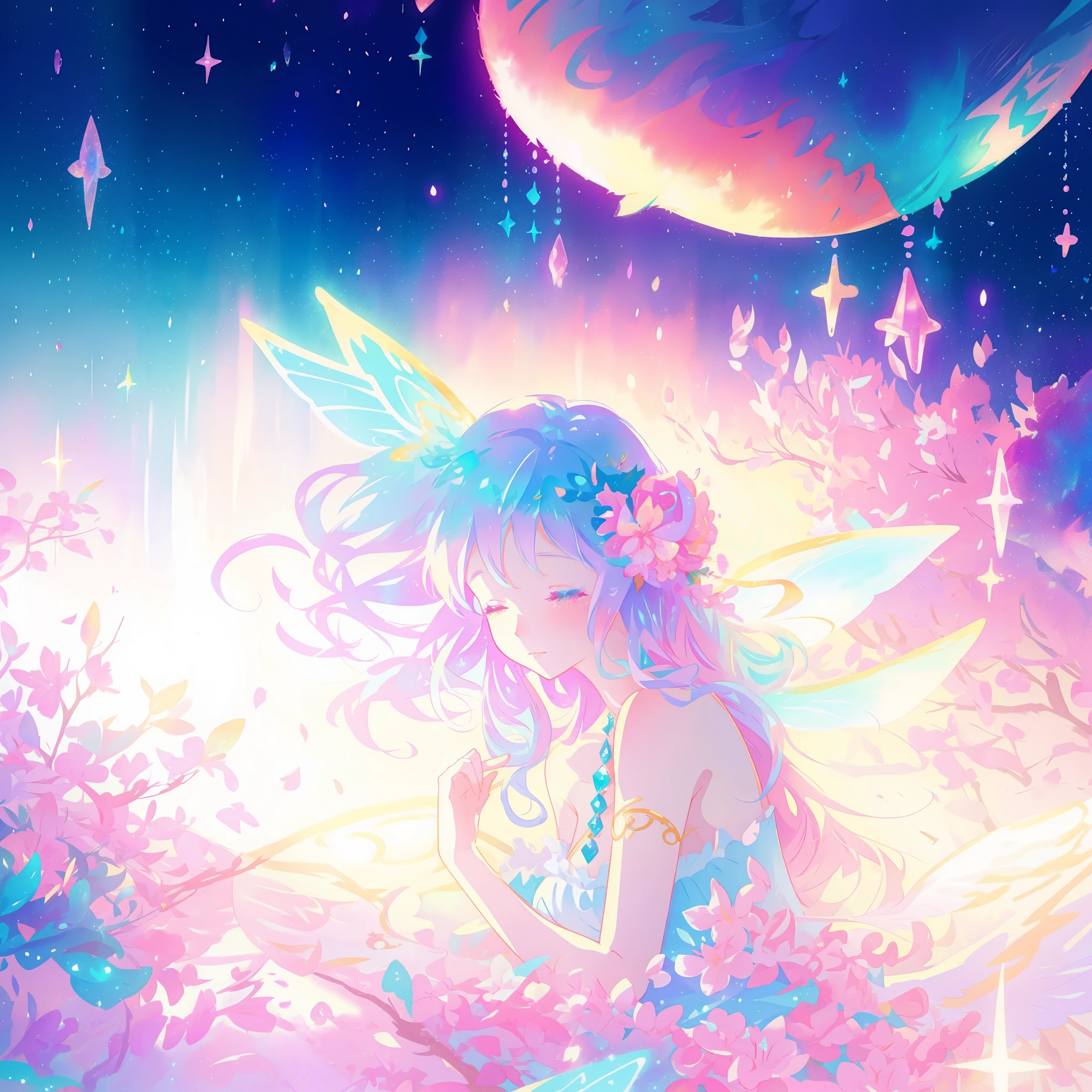 beautiful fairy girl, fairy queen, magical fantasia background, (glowing fairy wings), long wavy hair, sparkling fairy wings, watercolor illustration, inspired by Glen Keane, inspired by Lois van Baarle, disney art style, jen bartel, beautiful digital illustration, beautiful, masterpiece, best quality, anime disney style