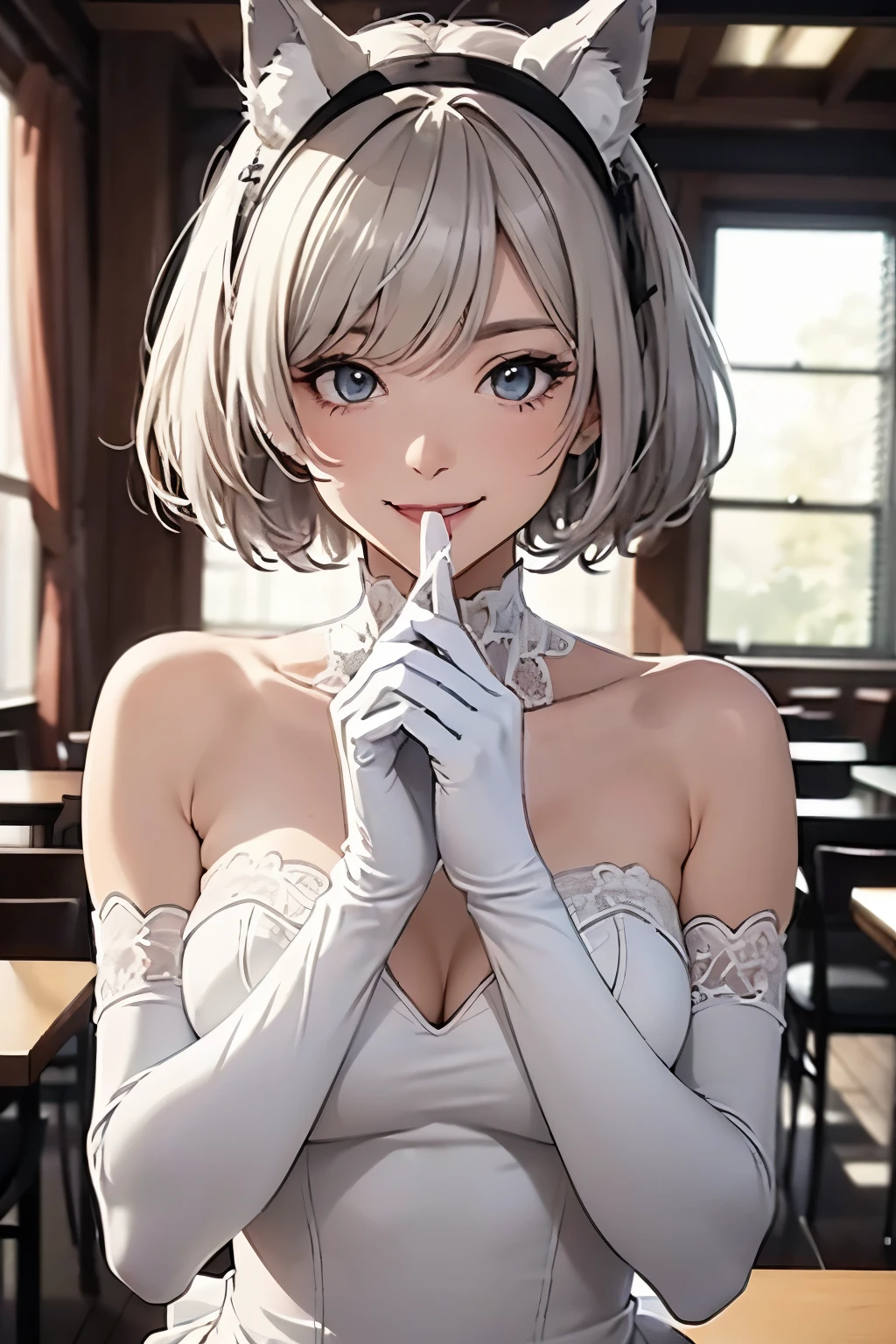 table top High level image quality best image quality 8K lady(I) portrait long gloves((white gloves)(long gloves)(Elbow)) white pantyhose((blanche)) Wedding dress((No sleeve)(Tube top)(blanche)(frills)) wolf ears short hair((shortcut)(gray hair)(perm)(fluffy)) eye color is blue laughter((open your mouth)(smile)