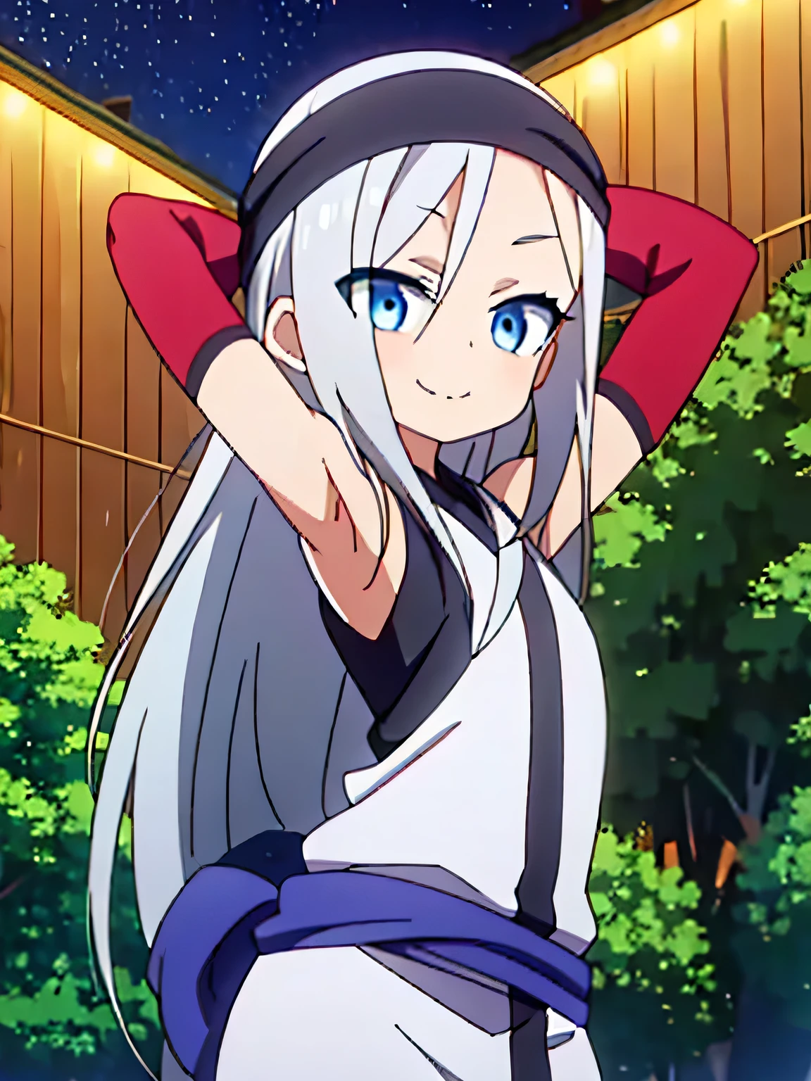 kunoichi_hototogisu, blue eyes, gray hair, long hair, hair over one eye, anime, closed mouth, solo, cowboy shot, night sky, forest, {arms behind head}, contrapposto, shy smile, spread armpits, shy smile,