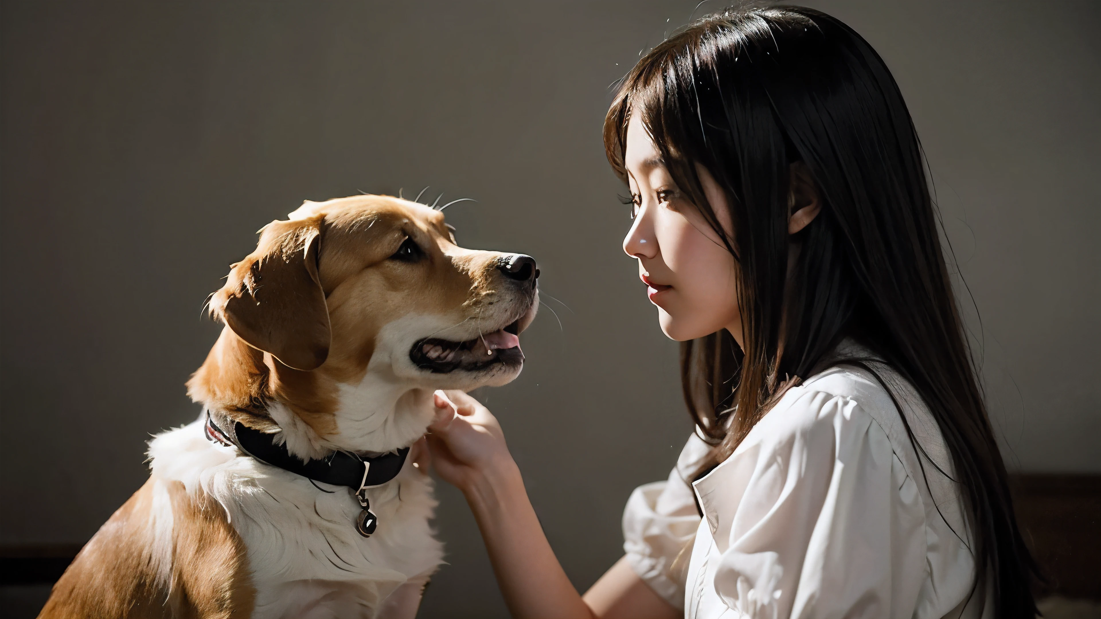 person interacting with dog, Dress modestly, Korean look, sad mood, masterpiece, high quality