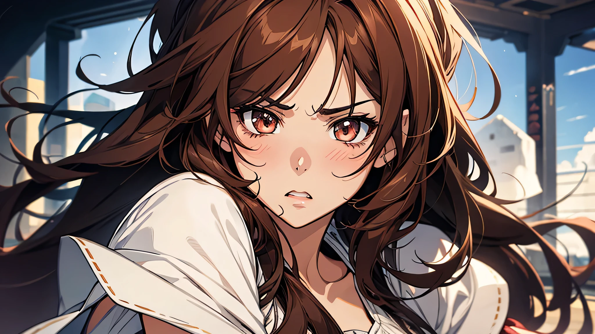 a beautiful girl, thick brown hair, brown eyes, plump lips, face detailed, Clear facial expressions，Detailed digital anime art，digital anime art，High quality anime art style，Blush, angry face