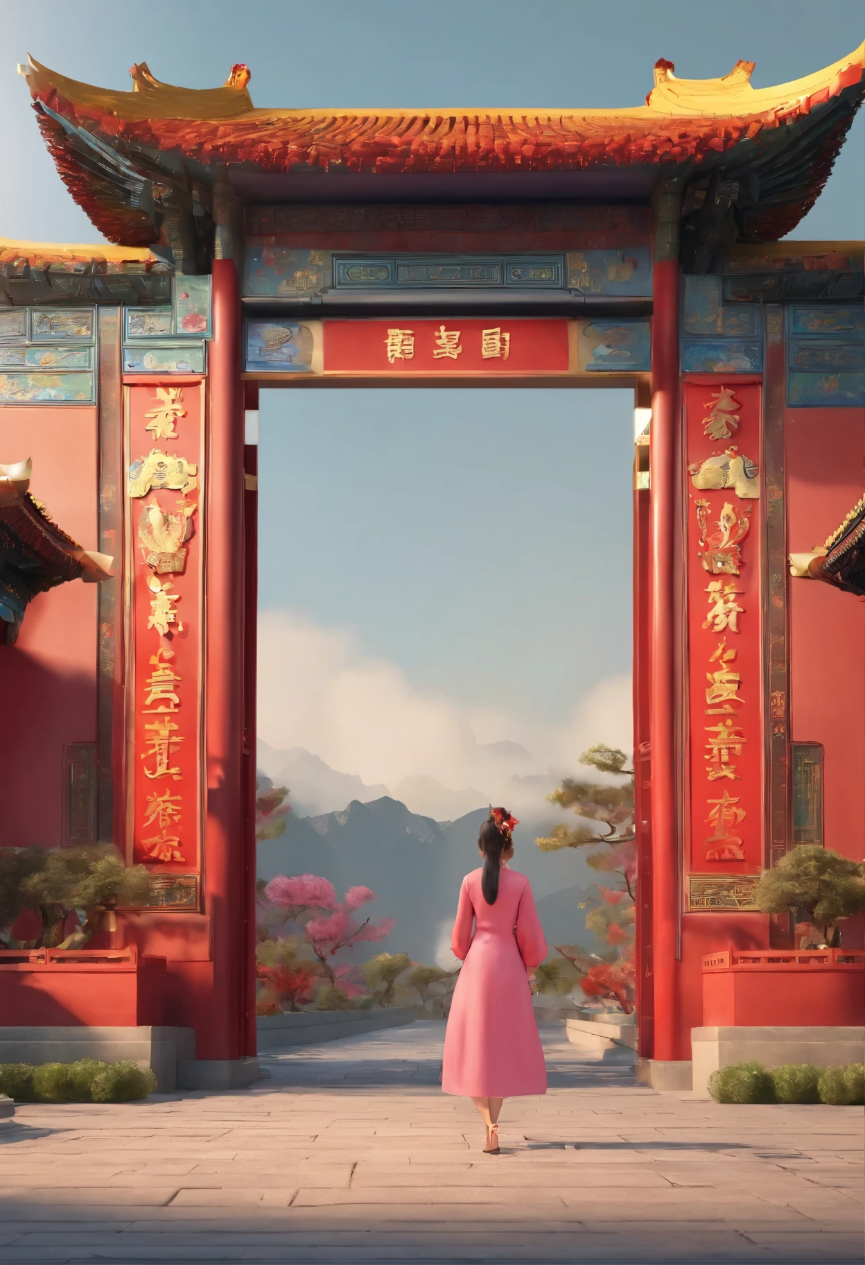 Chinese palace gate in landscape and a girl wearing qipao standing on the right side of the gate