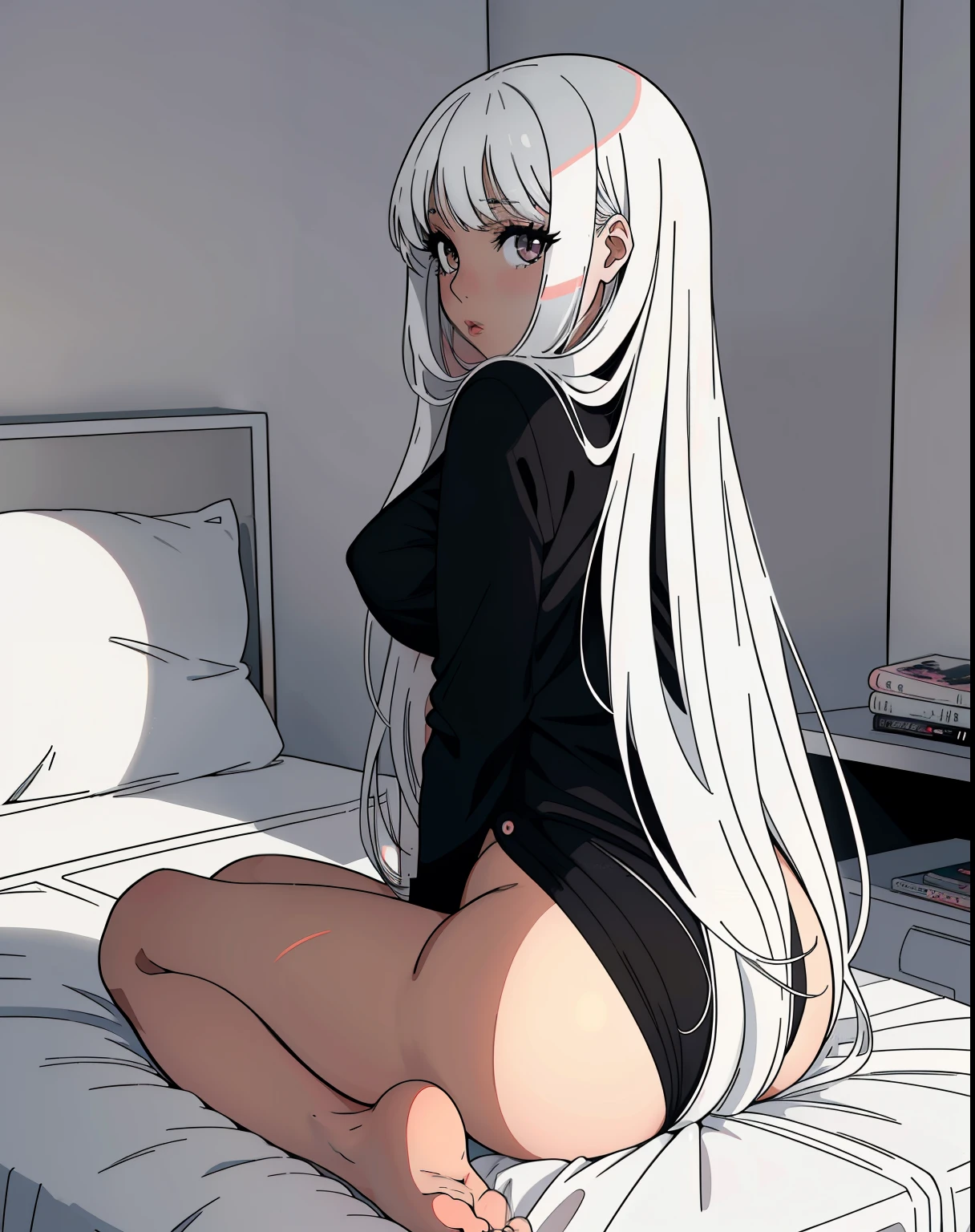 p negro y medias blancas sentada en la cama, seductora chica de anime, Hermosa chica de anime en cuclillas, en Medias Blancas, , sentada en su cama, Hermoso y atractivo anime adolescente, sitting in her room, Hermosa y seductora mujer de anime cabello rubio, francesa