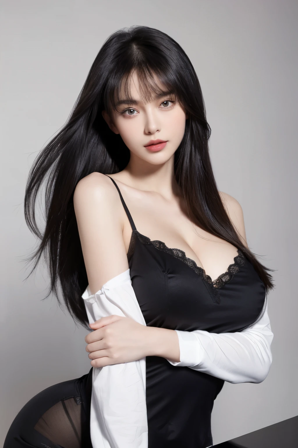 （lifelike,high resolution：1.3）， A slim girl， The face shape and eyes are super delicate,black hair,red glossy lips,(beautiful face), (best quality), (Super detailed), (Extremely detailed CG unified 8k wallpaper),((long sleeve low cut camisole)),(White background),(cleavage),(Model photo),sexy look,big eyes,(standing),(air bangs),(Slim waistline)