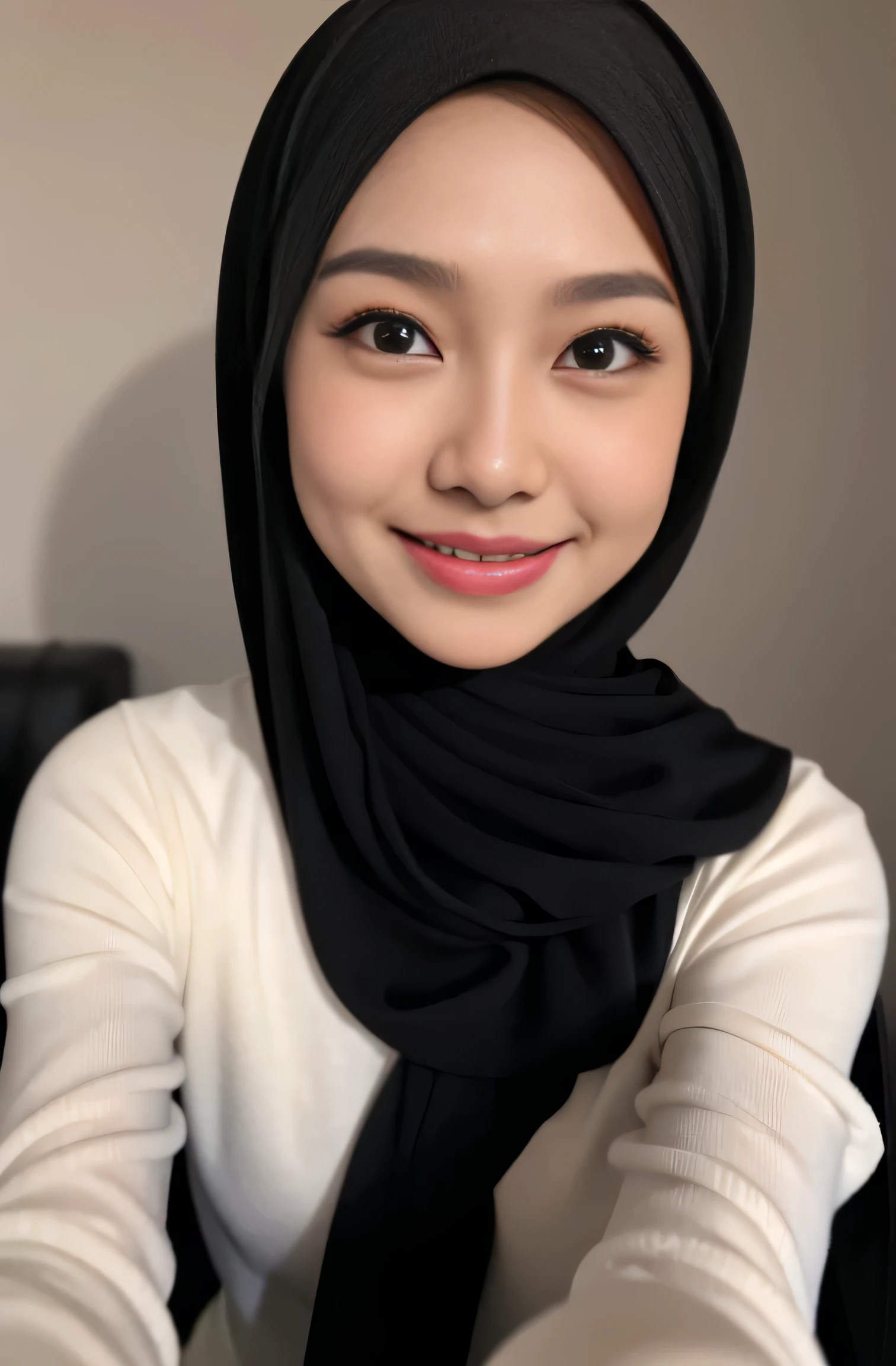 Very very very skinny asian hijab little flat chest, (naked, nsfw), close up face, dynamic angle, smile showing teeth, photorealistic, high resolution, looking at viewer, sharp focus, detailed, professional lighting, from above