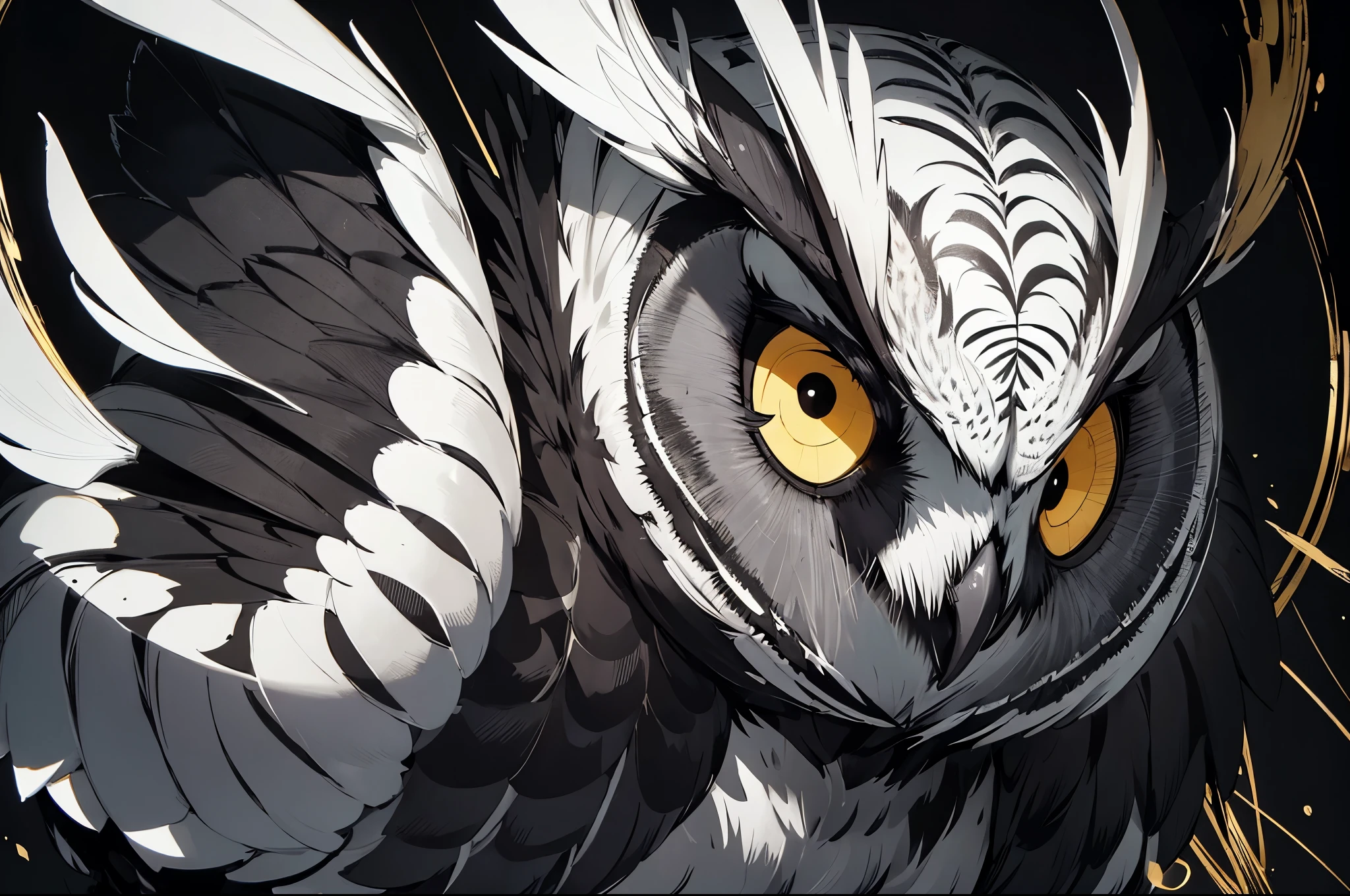 Owl line art, black background, (black, white and gold only 1.2), menacing