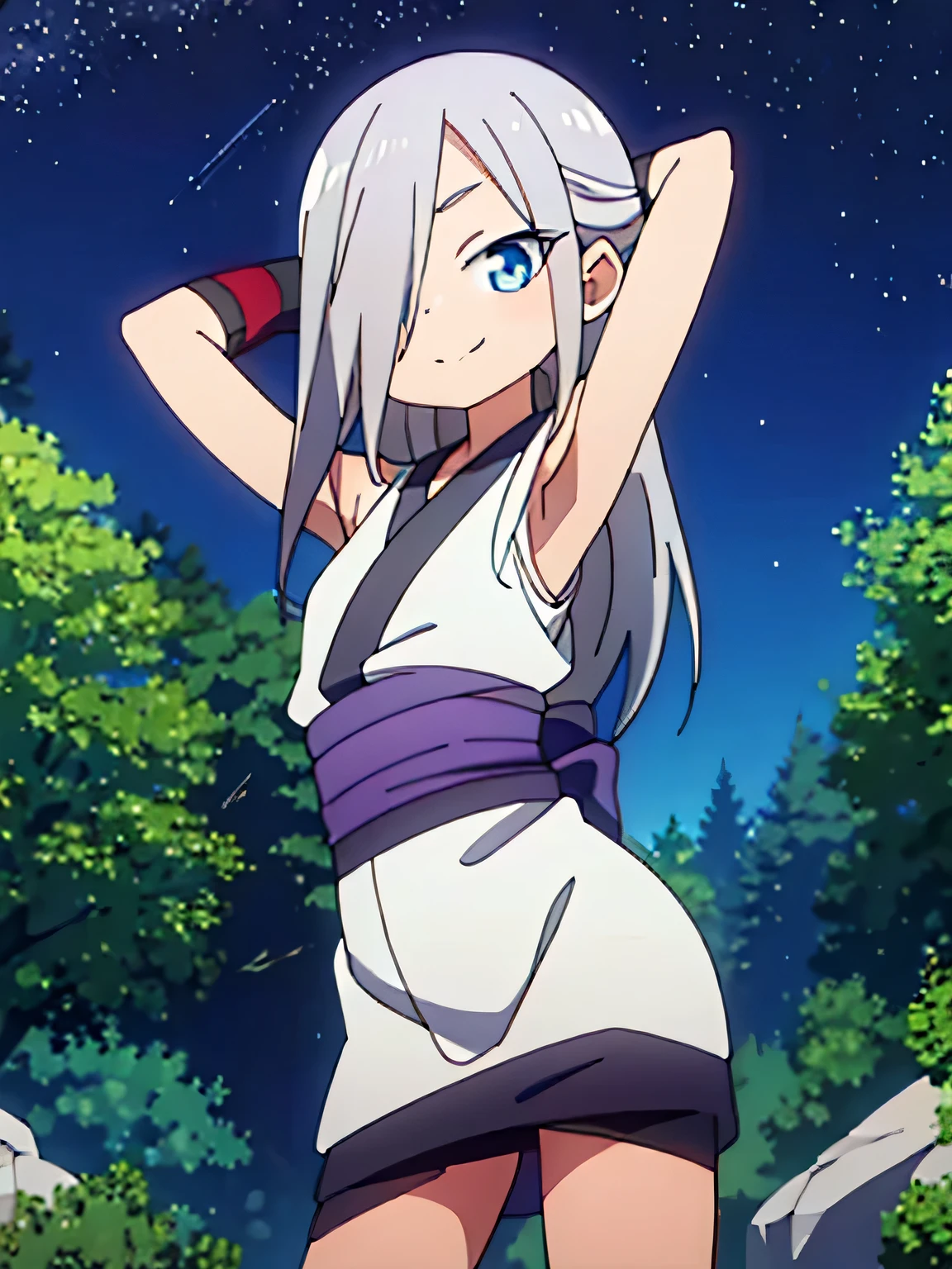 kunoichi_hototogisu, blue eyes, gray hair, long hair, hair over one eye, anime, closed mouth, solo, cowboy shot, night sky, forest, {arms behind head}, contrapposto, shy smile, spread armpits, shy smile,