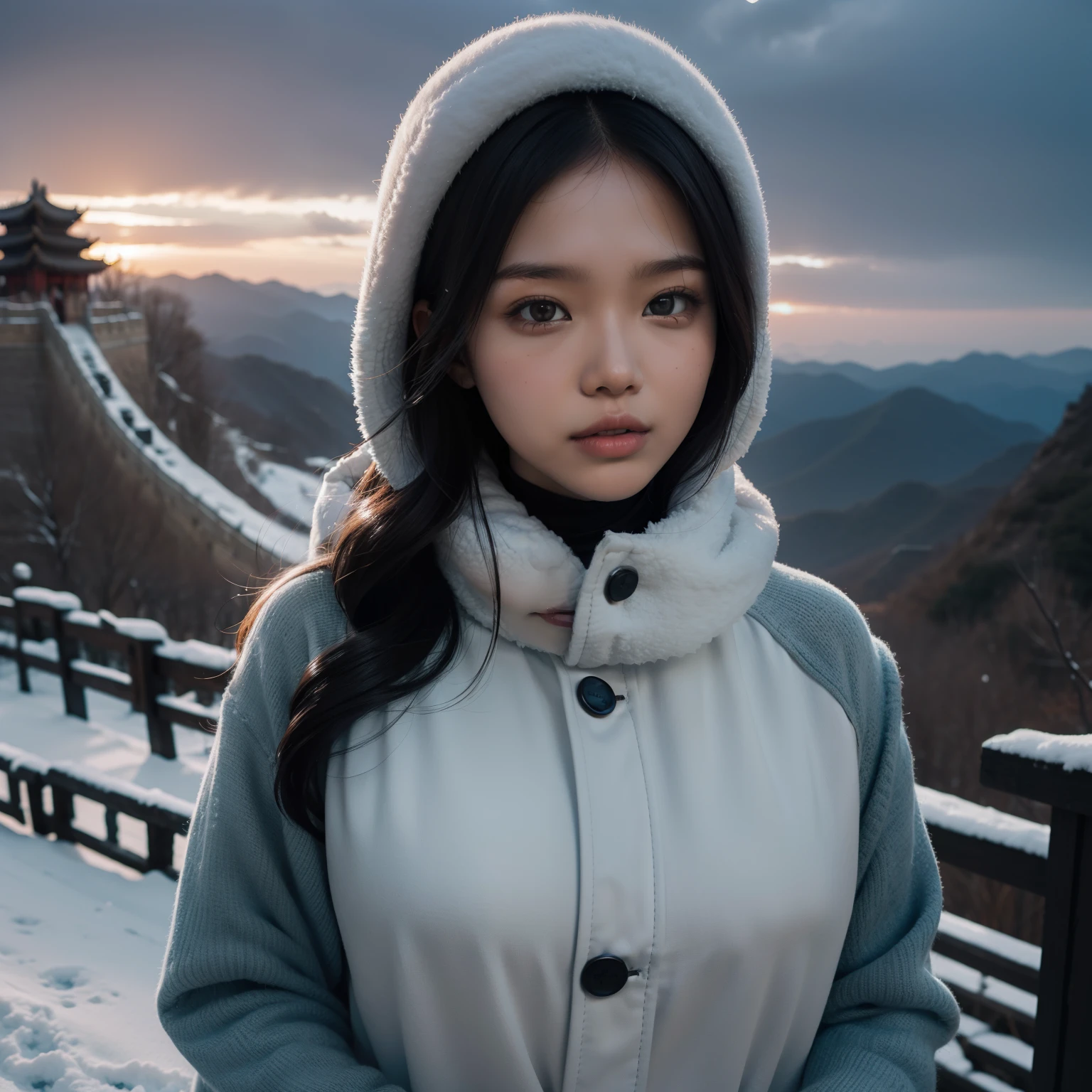 A stunning Indonesian Javanese woman, aged 25, with an oval and flawless face, gracefully poses like a model atop the majestic Great Wall of China. Adorned in a modest hijab and showcasing her slender physique, she exudes elegance and cultural pride. Embracing the wintry weather, she dons a thick jacket and fashionable jeans that complement her Indonesian-style complexion. The photograph captures her in a slightly tilted angle, emphasizing the artistic flair. Against the backdrop of the night sky, the ambiance is enchanting, with minimal lighting accentuating the soft glow of the sunset. This ultra HD image exhibits remarkable clarity and exquisite detail, as if one could reach out and touch the intricate textures. Captured with a Leica camera and