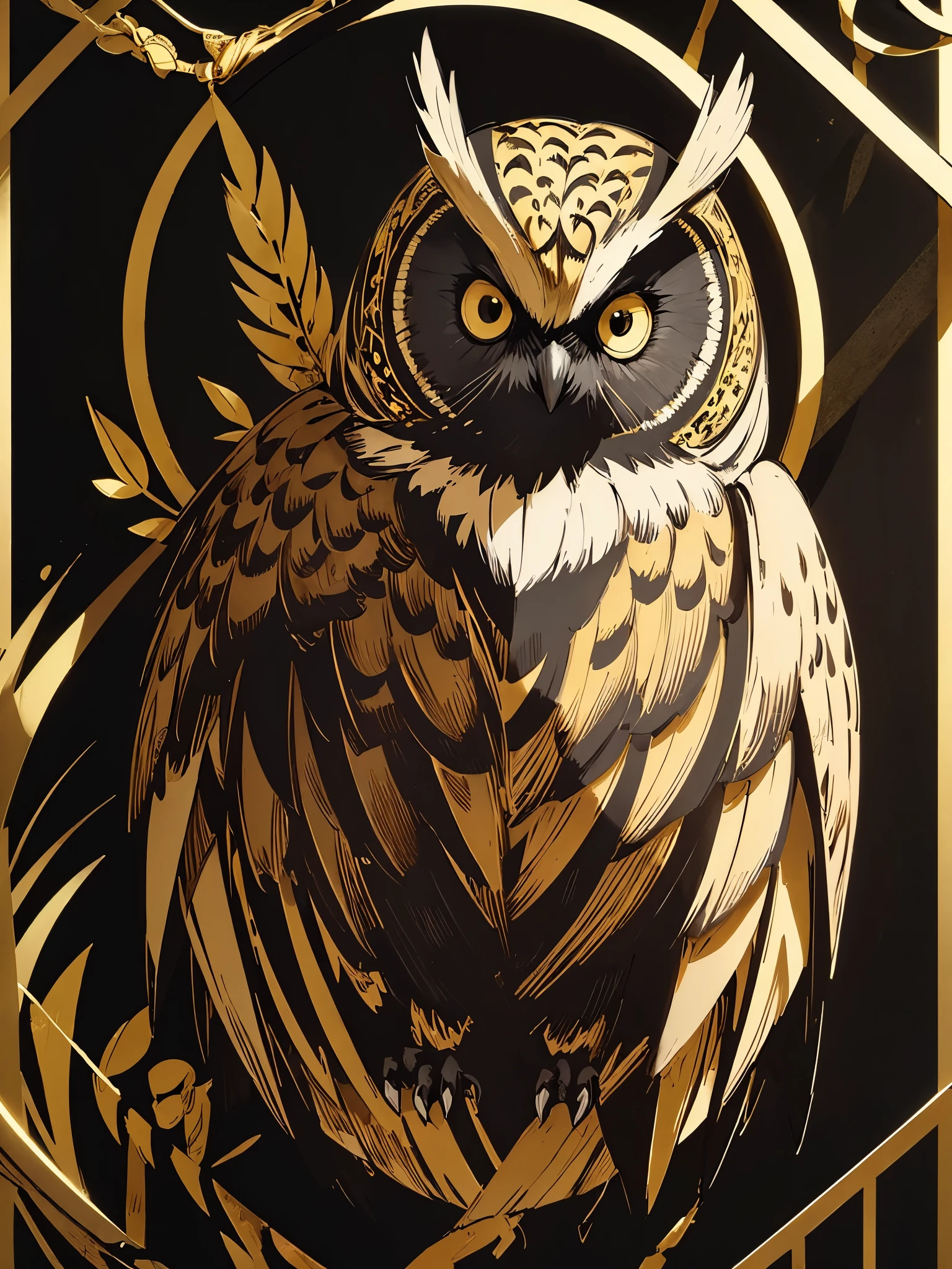 Owl line art, black background, (black and gold only :1.2)