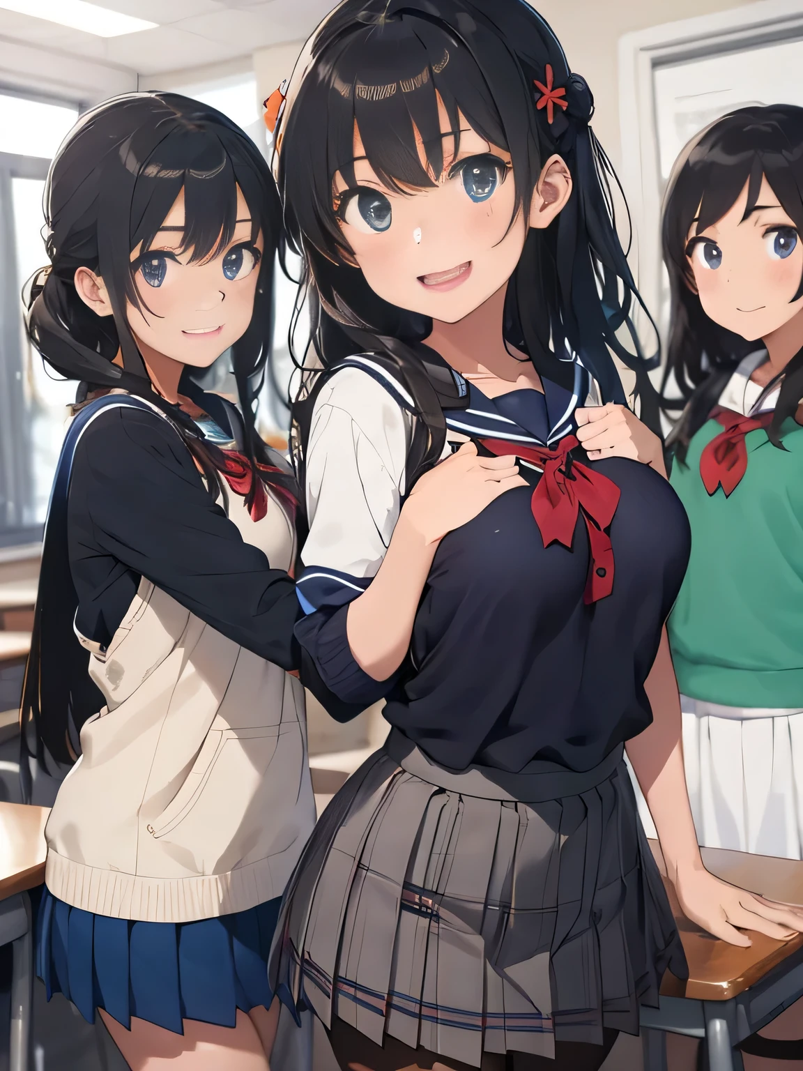 (8K、RAW photo、highest quality)、detailed background、beautiful and detailed face、beautiful and smooth skin、skin texture、professional lighting、Beautiful age girl、Cute beautiful Iful Girl、((4 beautiful girls))、Changing clothes in a school classroom、cute hairstyle,(big breasts:1.3)、cute underwear、sexual expression、sailor suit、Plaid pleated mini skirt、pantyhose、playfully hug each other、Play around, laugh and have fun、Pull Panties