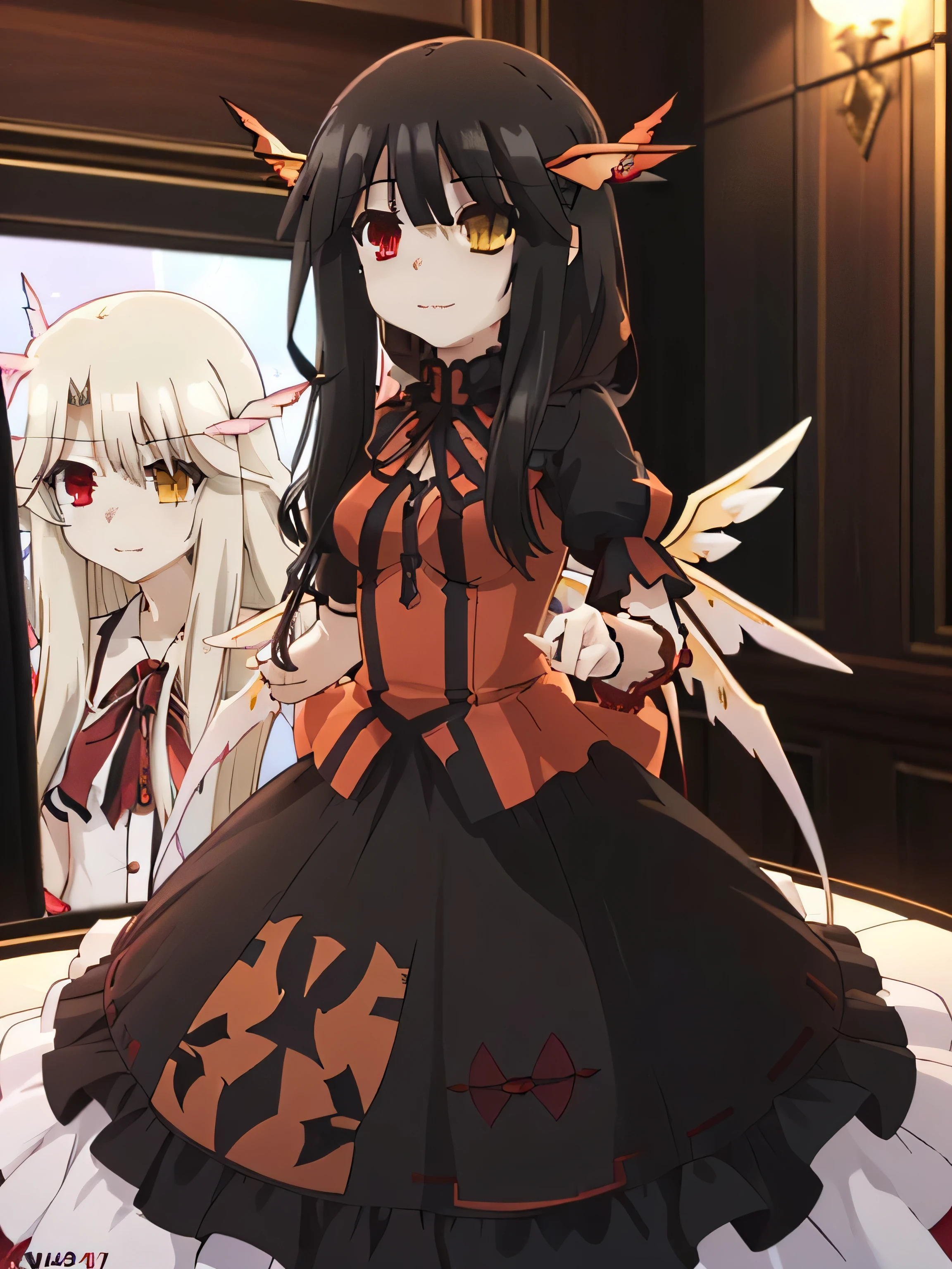 gran calidad ++ Extremely detailed high resolution, very aesthetic, ojos expresivos, (((Cara perfecta))), (((face symmetrical))), ((good anatomy)), (((manos perfectas))), (((8k))), UHD, Fondo de pantalla HD, (((alta calidra detallada, (((1girl))), (((Date A Live))), (((Kurumi))), (((illyasviel von einzbern))), ((((cuerpo completo)))), (((heterochromia))), (((cabello negro))), (((senos enormes))), (((hombros estrechos))), (((cintura estrecha))), (((((mature female))))), (((((Milficación))))), (((Smile))), (((asymmetrical body))), (((asymmetrical hair))), (((asymmetrical clothes))), 18 year old beautiful girl, Dedos detallados, Dedos precisos, Manos no antinaturales, strange eye, ojos rojos, escote, (((colas gemelas de pelo negro))),