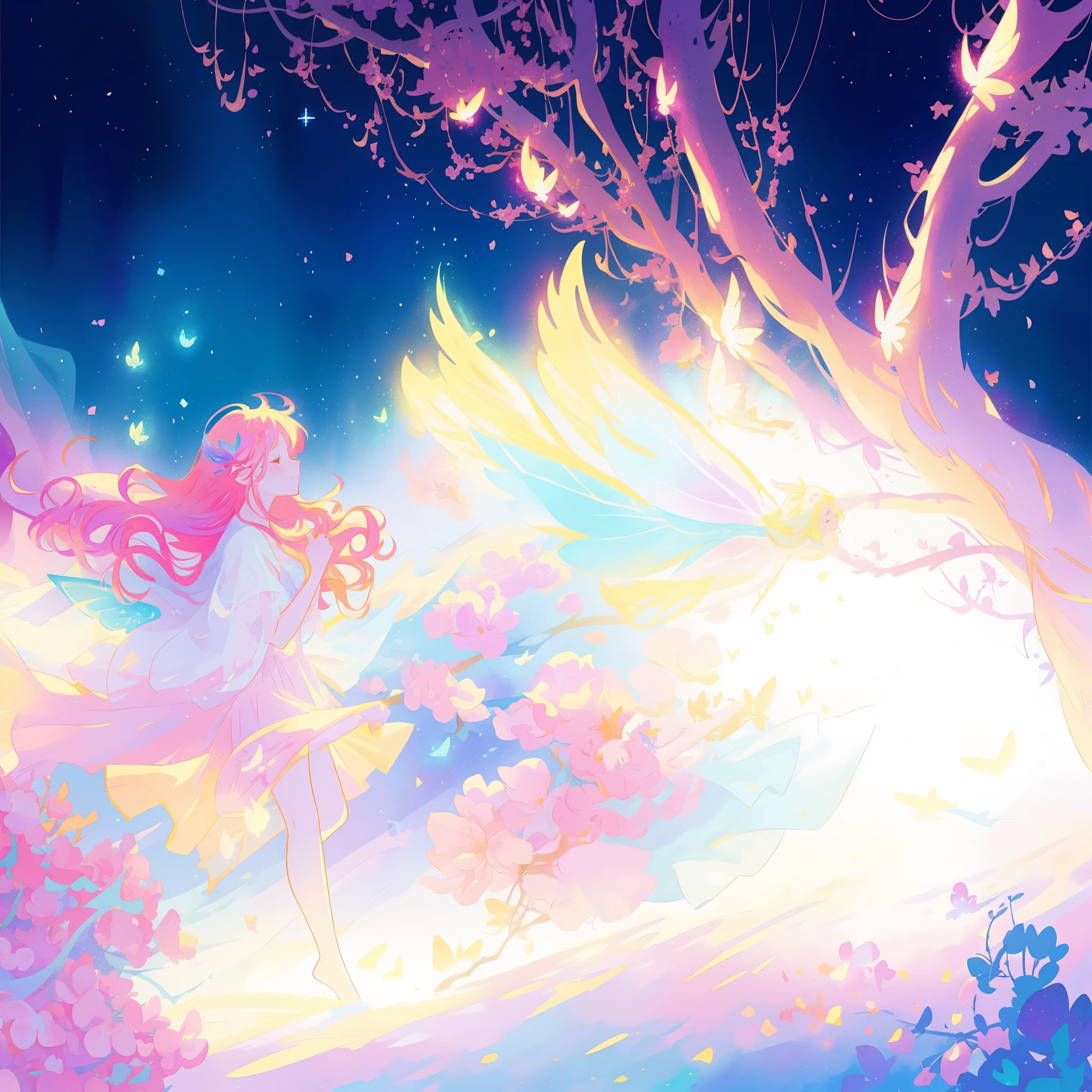 two beautiful fairy girls, 2girls, magical fantasia background, (glowing fairy wings), long wavy hair, sparkling fairy wings, watercolor illustration, inspired by Glen Keane, inspired by Lois van Baarle, disney art style, jen bartel, beautiful digital illustration, beautiful, masterpiece, best quality, anime disney style