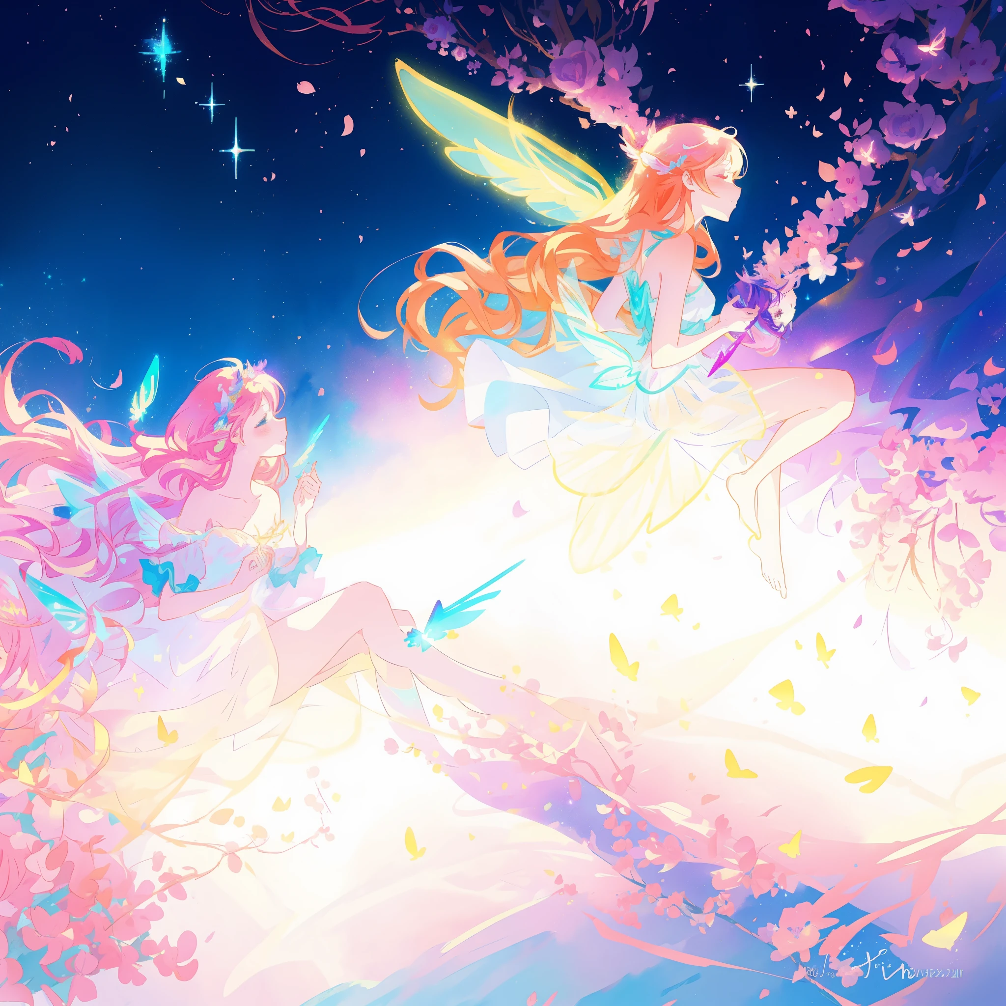 two beautiful fairy girls, 2girls, magical fantasia background, (glowing fairy wings), long wavy hair, sparkling fairy wings, watercolor illustration, inspired by Glen Keane, inspired by Lois van Baarle, disney art style, jen bartel, beautiful digital illustration, beautiful, masterpiece, best quality, anime disney style