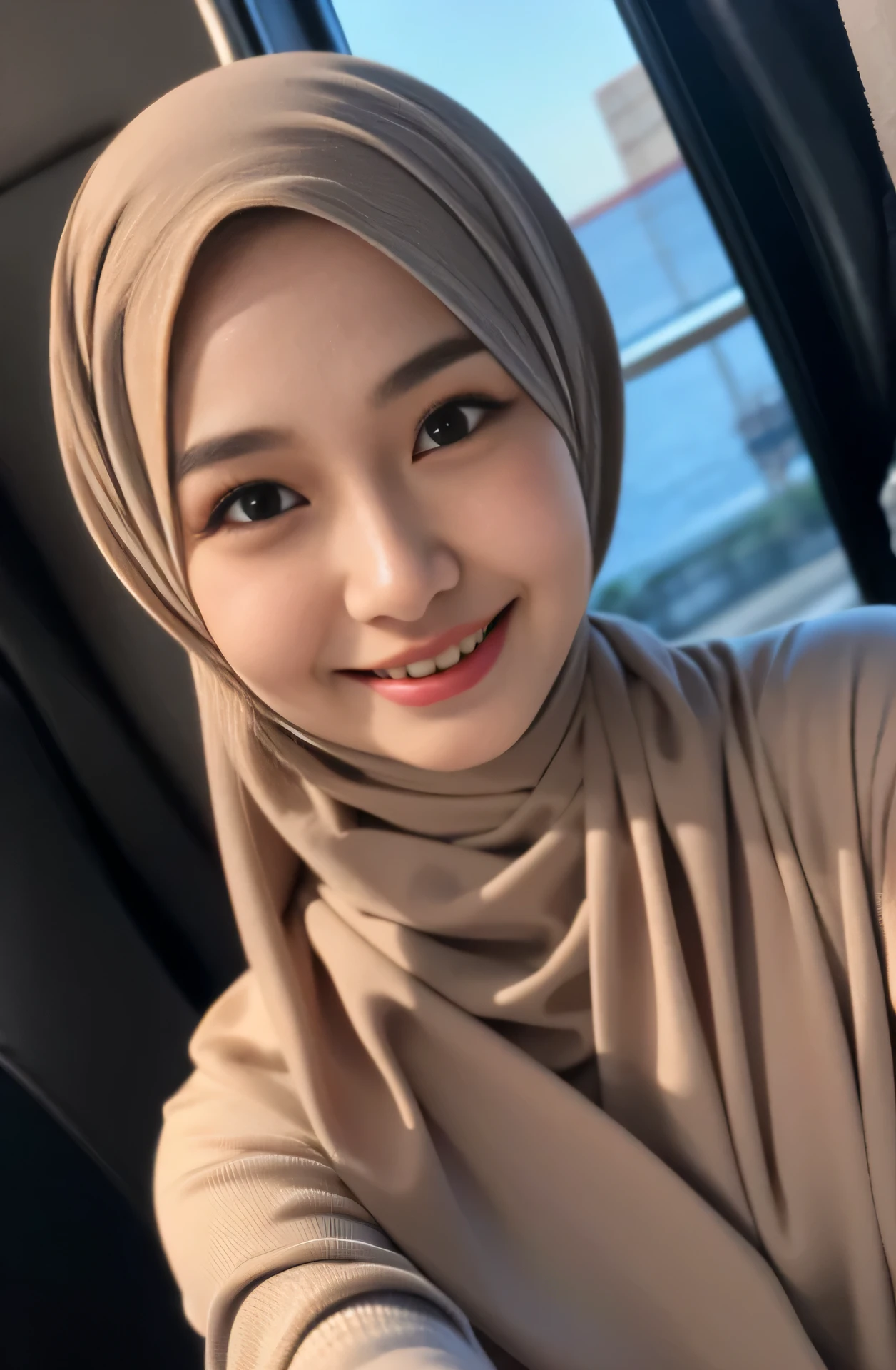 Very very very skinny asian hijab little flat chest, (naked, nsfw), close up face, dynamic angle, smile showing teeth, photorealistic, high resolution, looking at viewer, sharp focus, detailed, professional lighting, from above