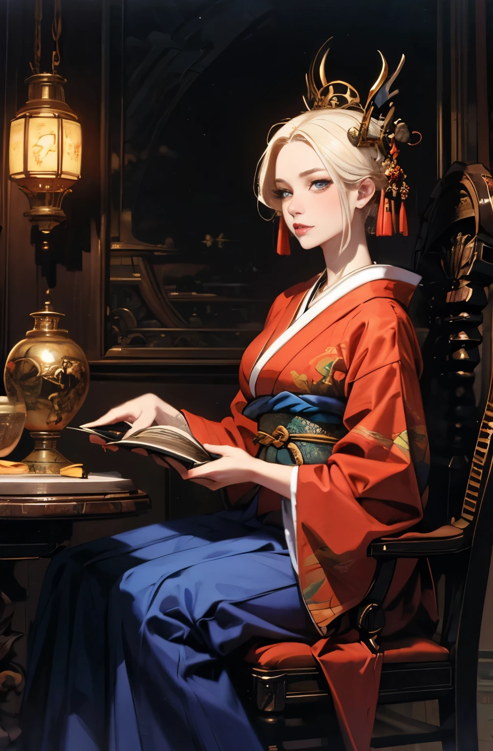 beautiful demon painting, Demon woman with a sword, woman samurai, mouth with fangs,platinum blonde demon, Beautiful red kimono, Oiran, Doji Ibaraki, Inspired by Chen Yifei, Inspired by Francesco Hayez, Inspired by Hendrik Terbruggen, Jean=Works that influenced Auguste Dominique Ingres, Inspired by Liu Jun, Jean=Works that influenced Auguste Dominique Ingres, highest quality, perfect angle, perfect composition, best shot, official art, cinematic light, figurative art, Beautiful and expressive paintings, Beautiful artwork illustration, wonderful, cool beauty, clear, Mysterious, highest quality, official art, perfect composition,perfect angle, best shot, women only, sharp outline, pretty much beautiful face, Full body Esbian, demon of kyoto, A ruthless demon woman, full body tattoo, wide