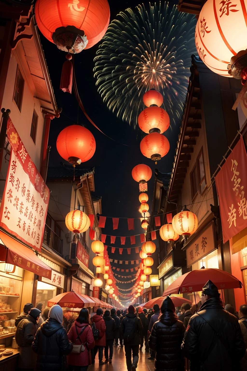 In the Chinese Year of the Dragon, the festive atmosphere is filled with excitement and vibrancy. The image is rendered in a paper-cut style, each intricate line and curve bringing the scene to life. In the foreground, the image of the zodiac dragon stands proudly, its scales meticulously detailed in high-definition. Above, fireworks burst in a riot of colors, their explosions illuminating the night sky. Red lanterns dangle from trees and buildings, casting a warm and inviting glow over the scene. The evening air is filled with the smell of traditional Chinese dishes and the sound of joyous laughter. A sense of wonder and celebration fills the scene, capturing the spirit