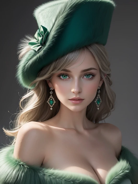 a close up of a woman wearing a Light Green hat and earrings, sleek dark fur, Light Green Fur, Russian style, very beautiful fur, fine fur, Dasha Taran, dark fur, Fur details, top hat, Anastasia Ovchinnikova, Light Green hat, synthetic fur, Elena Belova, wearing a top hat, Julia Gorokhova,Beautiful maturation, ((slim, )), photographrealistic, photograph, masterpiece, realistic, realism, photographrealism, high contrast, photographrealistic digital art trending on Artstation 8k HD high definition be familiar with realistic, be familiar with, skin texture, hyper be familiar with, realistic skin texture, armature, highest quality, 超High resolution, (photographrealistic:1.4),, High resolution, be familiar with, close up shot, sharp focus, (1 girl, european girl, Featured models), realistic skin, (slimな体型), Platinum-colored side sweep shorthair, highly detailed hair, delicate face, glossy lips,