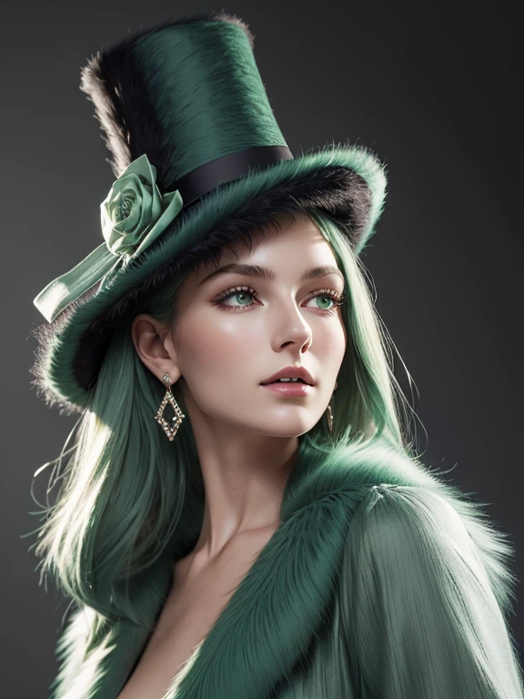 (masterpiece, highest quality, photo realistic, High resolution, photograph, :1.3), close up shot, sharp focus, (1 girl, european girl, Featured models), realistic skin, (slim body shape), Platinum-colored side sweep shorthair, highly detailed hair, delicate face, glossy lips, a close up of a woman wearing a Light Green hat and earrings, sleek dark fur, Light Green Fur, Russian style, very beautiful fur, fine fur, Dasha Taran, dark fur, Fur details, top hat, Anastasia Ovchinnikova, Light Green hat, synthetic fur, Elena Belova, wearing a top hat, Julia Gorokhova,Beautiful maturation,