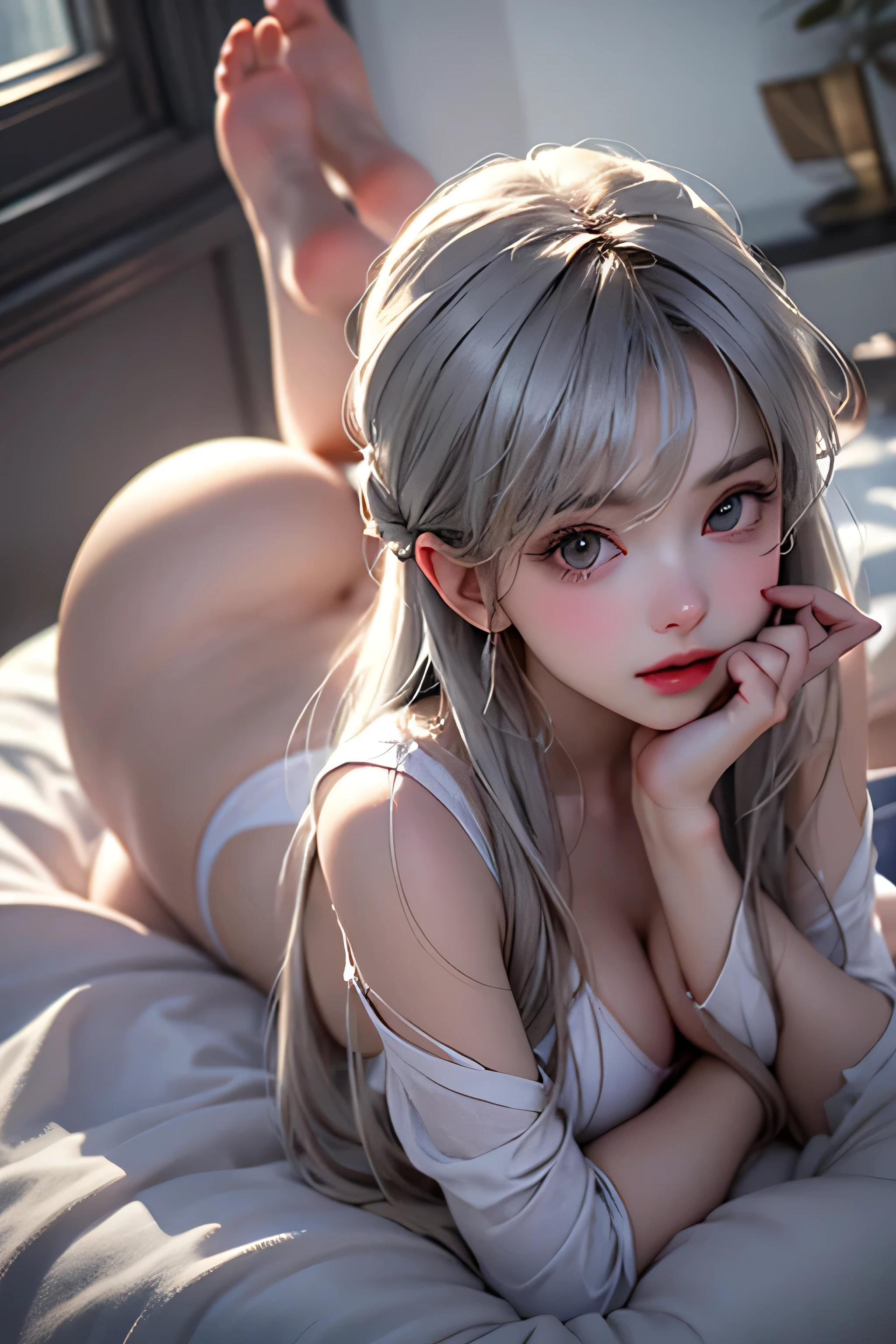 white tone,white,Sexy girl nipples,from the back,Turn your face away from the camera,Ass to the camera,tummy down,bent down,lie,With figure,,slimfigure,slim,age girl,,white髪,white髪,hair covers chest,lying on one'Came back,whiteいベッド,take off your clothes,attractive,attraction,spread your legs,Look up at your head,transparent silk pajamas ,barefoot,barefoot,thick long hair,empty space,真っwhiteな空間,highly detailed body,highly detailed face,highest quality