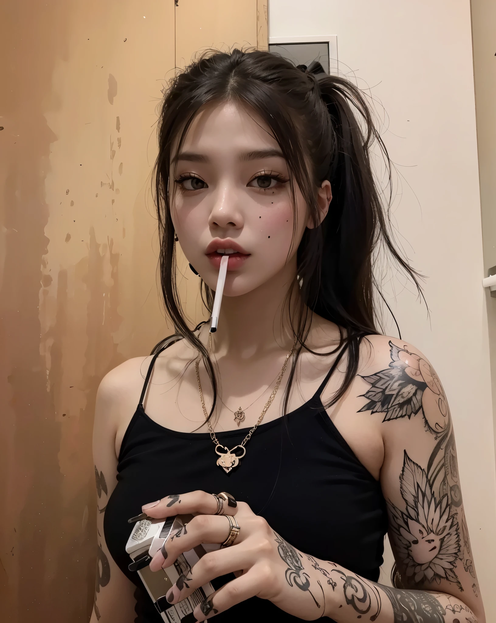 beautiful araffe girl with a cigarette and a cigarette case in her hand, she parece uma mistura de sujeira, parece uma mistura de sujeira, parecendo uma mistura de sujeira, jennie, jennie blackpink parece uma mistura de sujeira, charli bowater, com tatuagens, goth asian girl smoking, Cerveja suave rainha do diabo madison, 1 beautiful 20 year old goth girl, tatuado, Asian gothic beautiful girl aesthetic, blackpink lisa, blackpink jennie