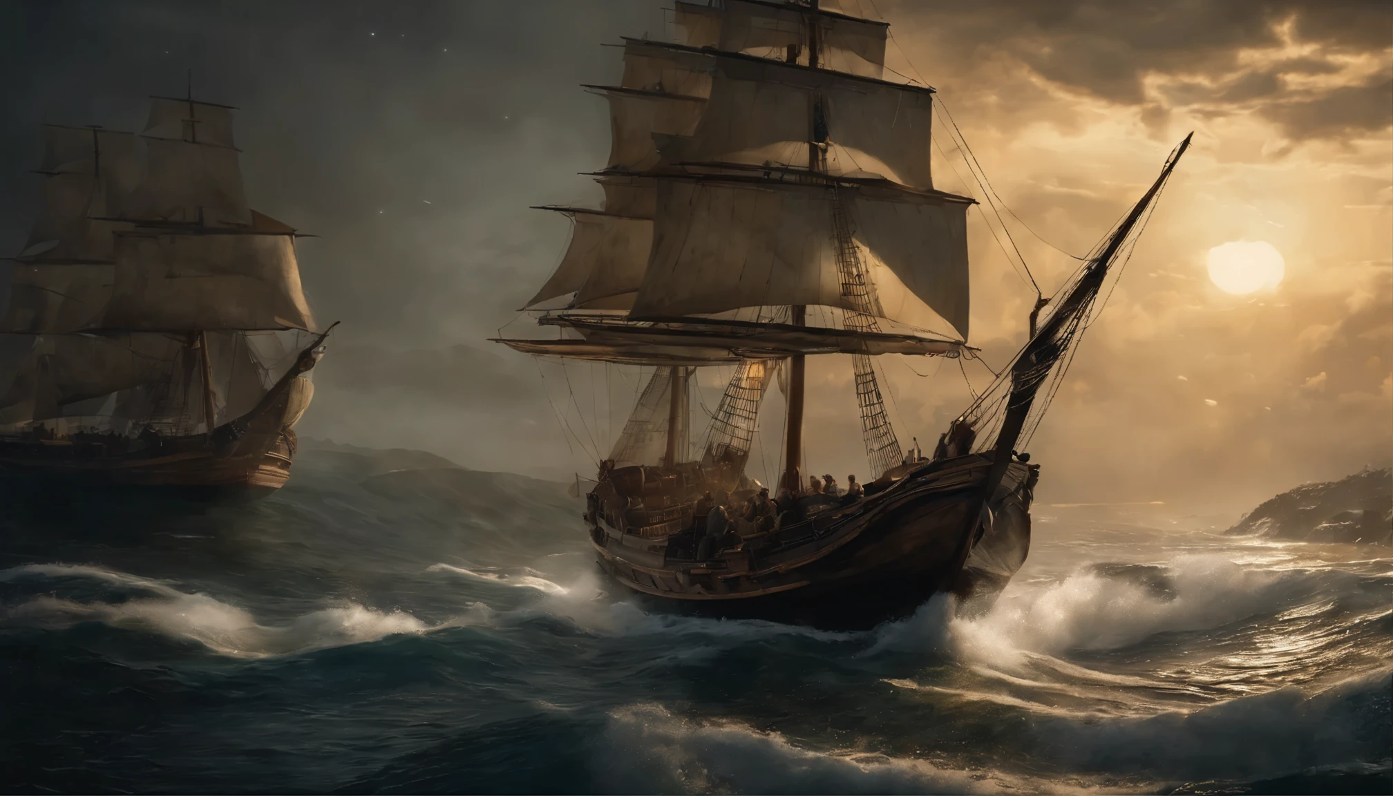 Real picture, landscape painting, With unparalleled realism,ultrawide,ominous skies,Sail ships,Wooden boats,Lotus,Huge waves,Starry night,《assassins creed》Ambient,voluminetric lighting,Clearing,Realistic,james gurney,art stations,((Oil painting paint), 16:9 aspect ratio
