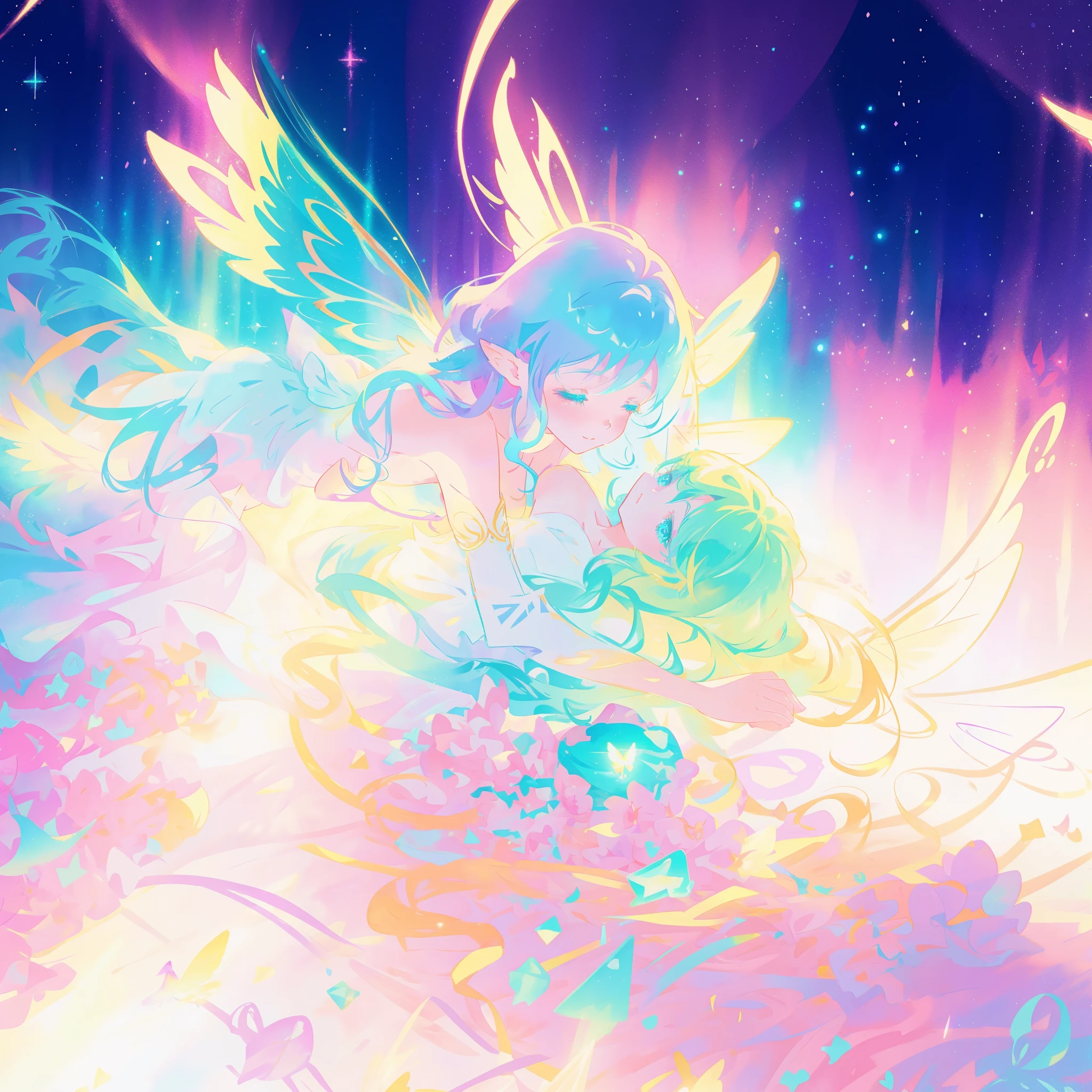 close up of a beautiful fairy girl, gradient colorful dress, magical fantasia background, (glowing fairy wings), long wavy hair, sparkling fairy wings, watercolor illustration, inspired by Glen Keane, inspired by Lois van Baarle, disney art style, jen bartel, beautiful digital illustration, beautiful, masterpiece, best quality, anime disney style