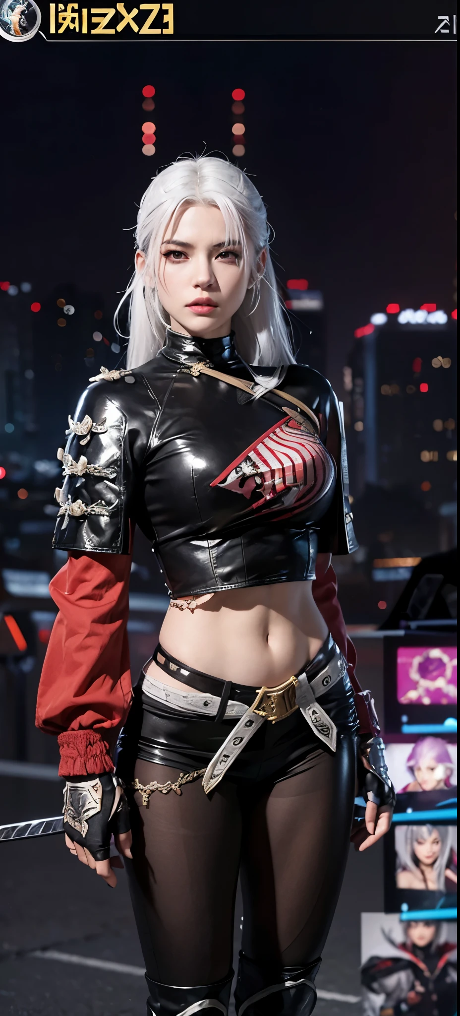 a close up of a person in a costume with a sword, as a character in tekken, female character, tifa lockhart with white hair, katana zero video game character, lunar themed attire, kda, slim body, cyborg - girl with silver hair, upper body avatar, fashion gameplay screenshot, fighting game character, new character, floralpunk elysian maiden, sigma female