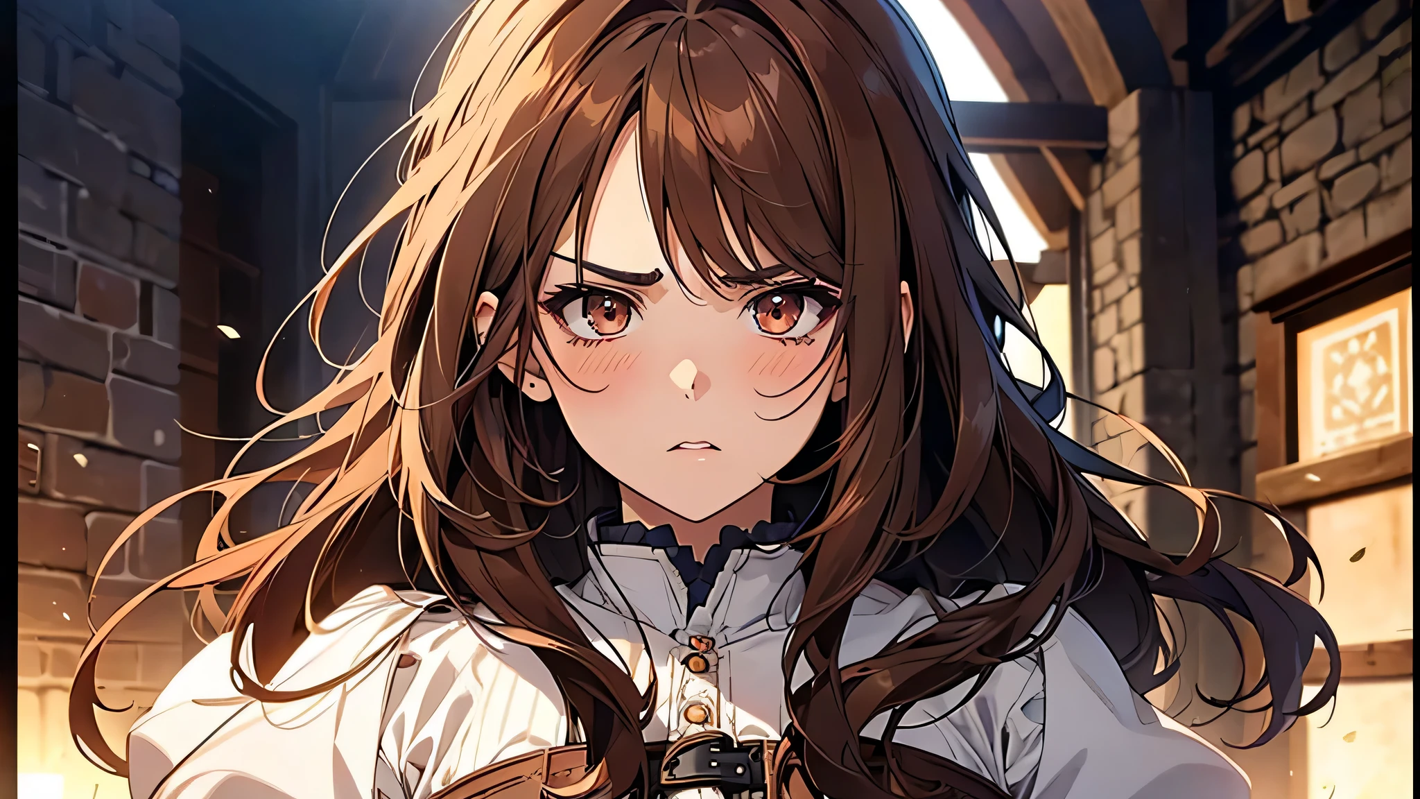 1 beautiful girl, thick brown hair, brown eyes, plump lips, face detailed, Clear facial expressions,Detailed digital anime art,digital anime art,High quality anime art style,Blush, angry face, medieval times, in a small village