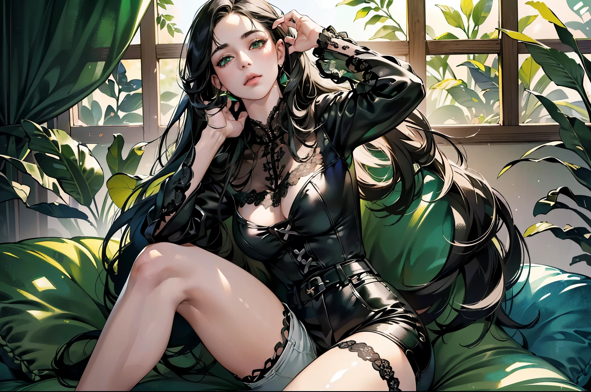 (best quality,4k,8k,highres,masterpiece:1.2),ultra-detailed,(realistic,photorealistic,photo-realistic:1.37),long hair,green eyes,black hair,beautiful detailed eyes,beautiful detailed lips,[black lace blouse],[patterns on blouse],leather shorts,thigh-length shorts,[emerald earrings],vivid colors,sharp focus,studio lighting