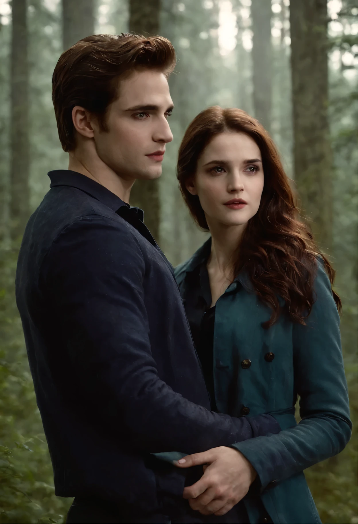 twilight breaking dawn poster twilight breaking dawn movie poster, poster art inspired by Cedric Seaut, deviantart contest winner, romanticism, twilight, twlight, twilight ; wide shot, portrait of edward and bella, bestselling movie poster, twilight cool light, edward, at twilight, promotional poster art, twilight ray, twilight skyline, nighttime!, imdb, twilight lighting, poster shot, beautiful lighting, sharp focus, 8k, high res, (pores:0.1), (sweaty:0.8), Masterpiece, Nikon Z9, Crash Zoom Aqua lighting, 18-55mm Fauvist --aspect 7:4 --s 750 --v 5.2
