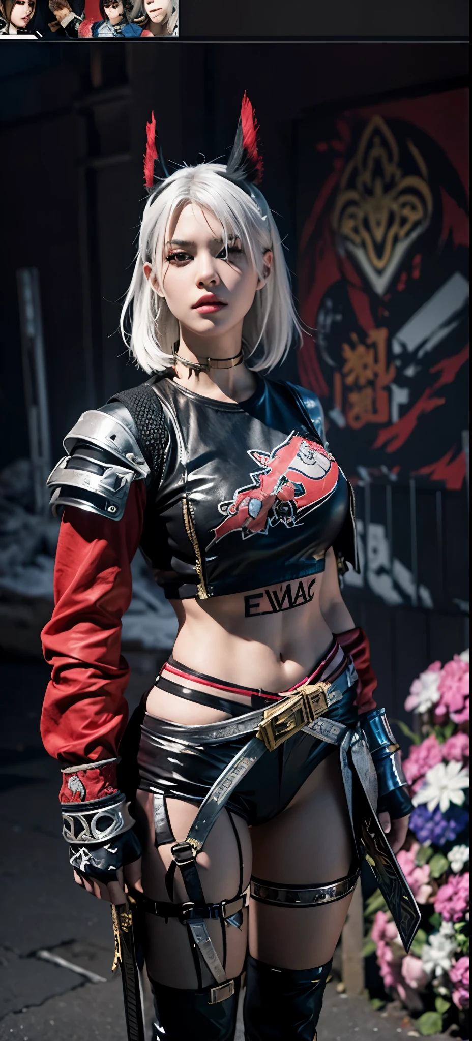 a close up of a person in a costume with a sword, as a character in tekken, female character, tifa lockhart with white hair, katana zero video game character, lunar themed attire, kda, slim body, cyborg - girl with silver hair, upper body avatar, fashion gameplay screenshot, fighting game character, new character, floralpunk elysian maiden, sigma female