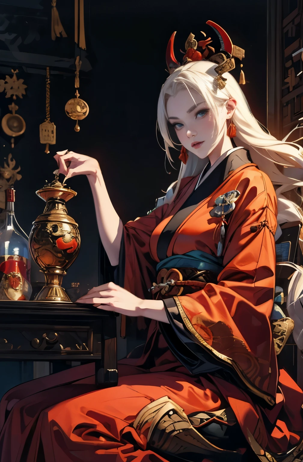 beautiful demon painting, Demon woman with a sword, woman samurai, mouth with fangs,platinum blonde demon, Beautiful red kimono, Oiran, Doji Ibaraki, Sake Drinker Doji, Inspired by Chen Yifei, Inspired by Francesco Hayez, Inspired by Hendrik Terbruggen, Jean＝Works that influenced Auguste Dominique Ingres, Inspired by Liu Jun, Jean＝Works that influenced Auguste Dominique Ingres, highest quality, perfect angle, perfect composition, best shot, official art, cinematic light, figurative art, Beautiful and expressive paintings, Beautiful artwork illustration, wonderful, cool beauty, clear, Mysterious, highest quality, official art, perfect composition,perfect angle, best shot, women only, sharp outline, pretty much beautiful face, demon of kyoto, A ruthless demon woman, full body tattoo, wide