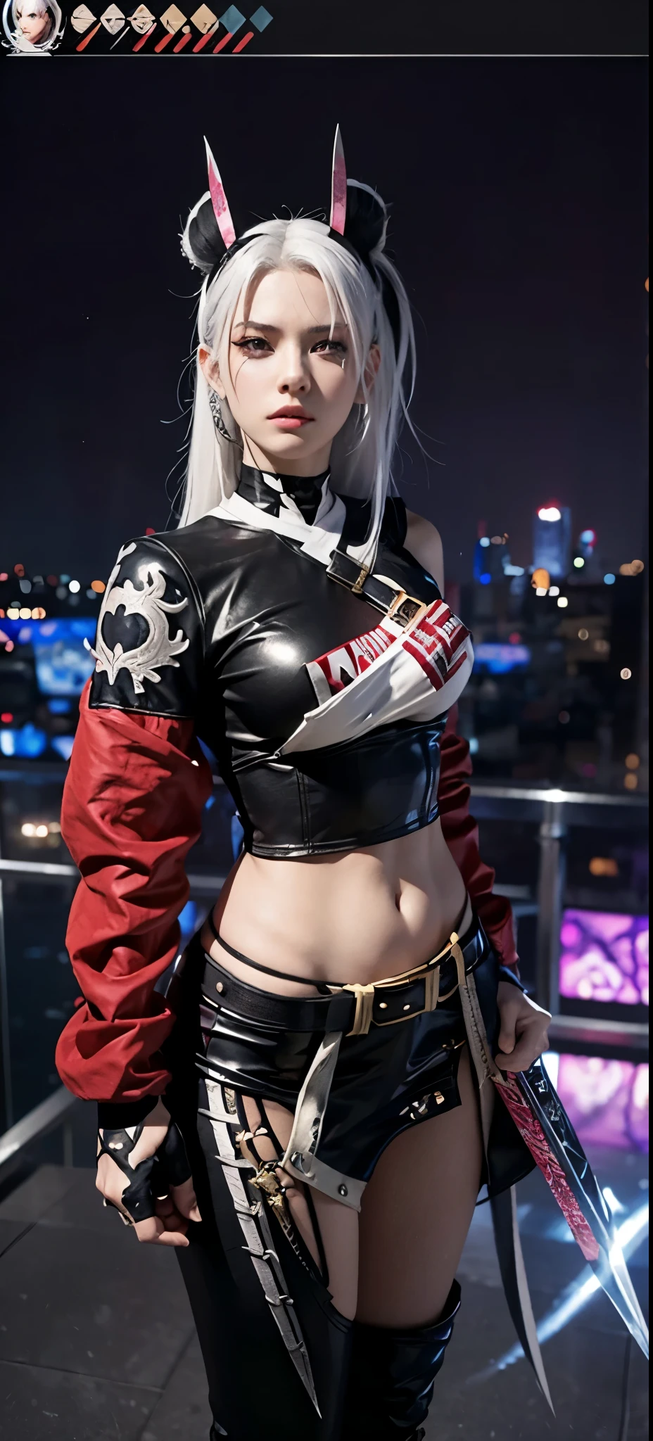 Beautiful girl, Korean makeup, Red lips, smile, Platinum hair, medium chest, medium body, leather corset, leather leggings, Scenery around the top of the hill, background mode village,