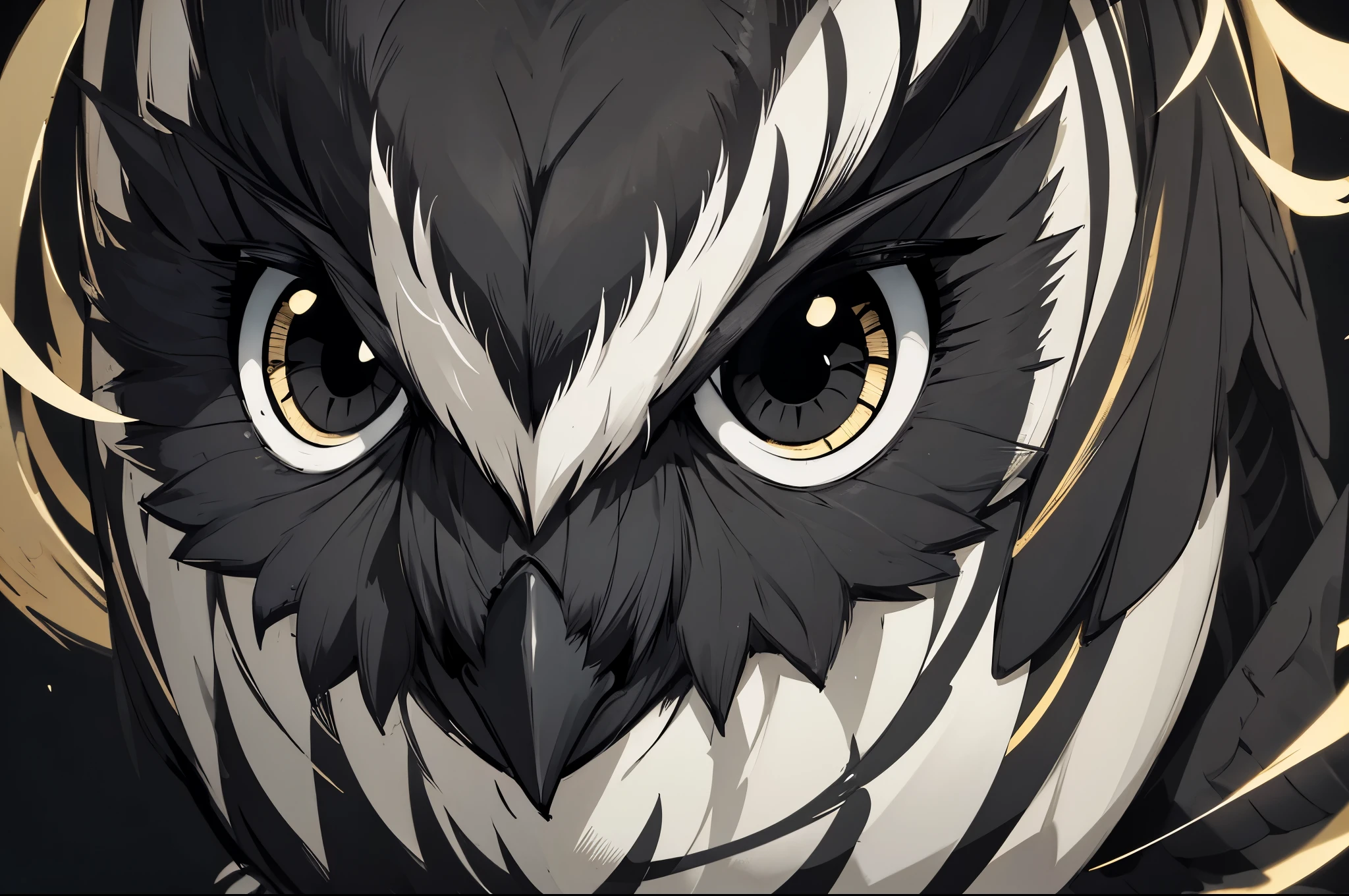 Owl line art, black background, (black, white and gold only 1.2), menacing