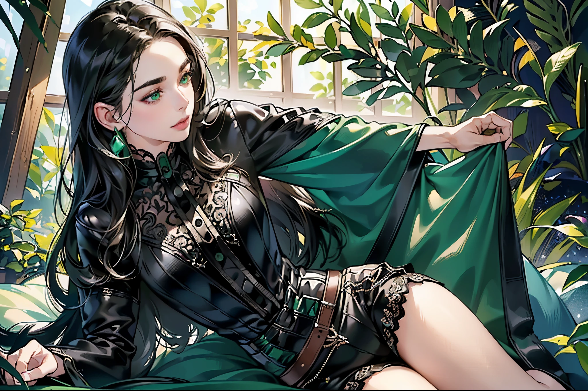 (best quality,4k,8k,highres,masterpiece:1.2),ultra-detailed,(realistic,photorealistic,photo-realistic:1.37),long hair,green eyes,black hair,beautiful detailed eyes,beautiful detailed lips,[black lace blouse],[patterns on blouse],leather shorts,thigh-length shorts,[emerald earrings],vivid colors,sharp focus,studio lighting