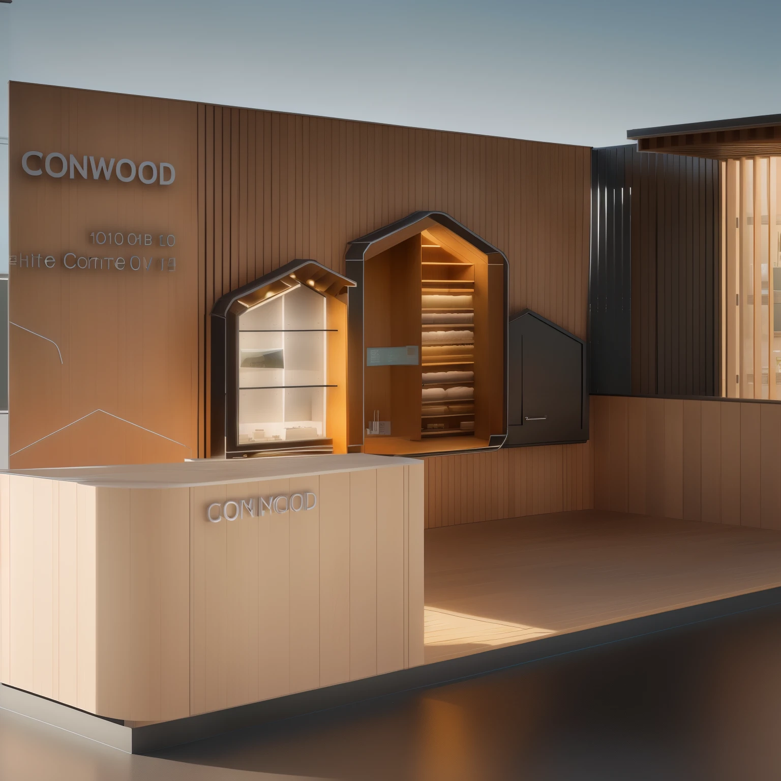 a rendering of a small booth with a counter and a door, artist's impression, artist impression, artists impression, arnold rendering, concept, conceptual, concept art, concept art, conceptual rendering, woodland, concept image, concept house, concept drawing, wood, award winning shopfront design, concept piece, concept artwork, award winning render, cgi rendering