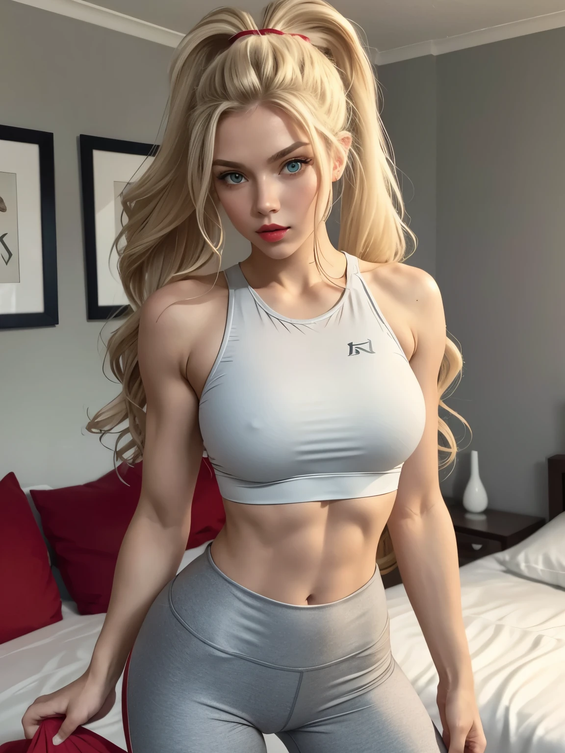 Caucasian woman, green eyes, blonde hair, wavy hair, long hair, hair in ponytail, red lips, lined eyes, athletic body, small breasts, gray leggings, white top, in bedroom, standing, highlighting athleticism, frontal shot.