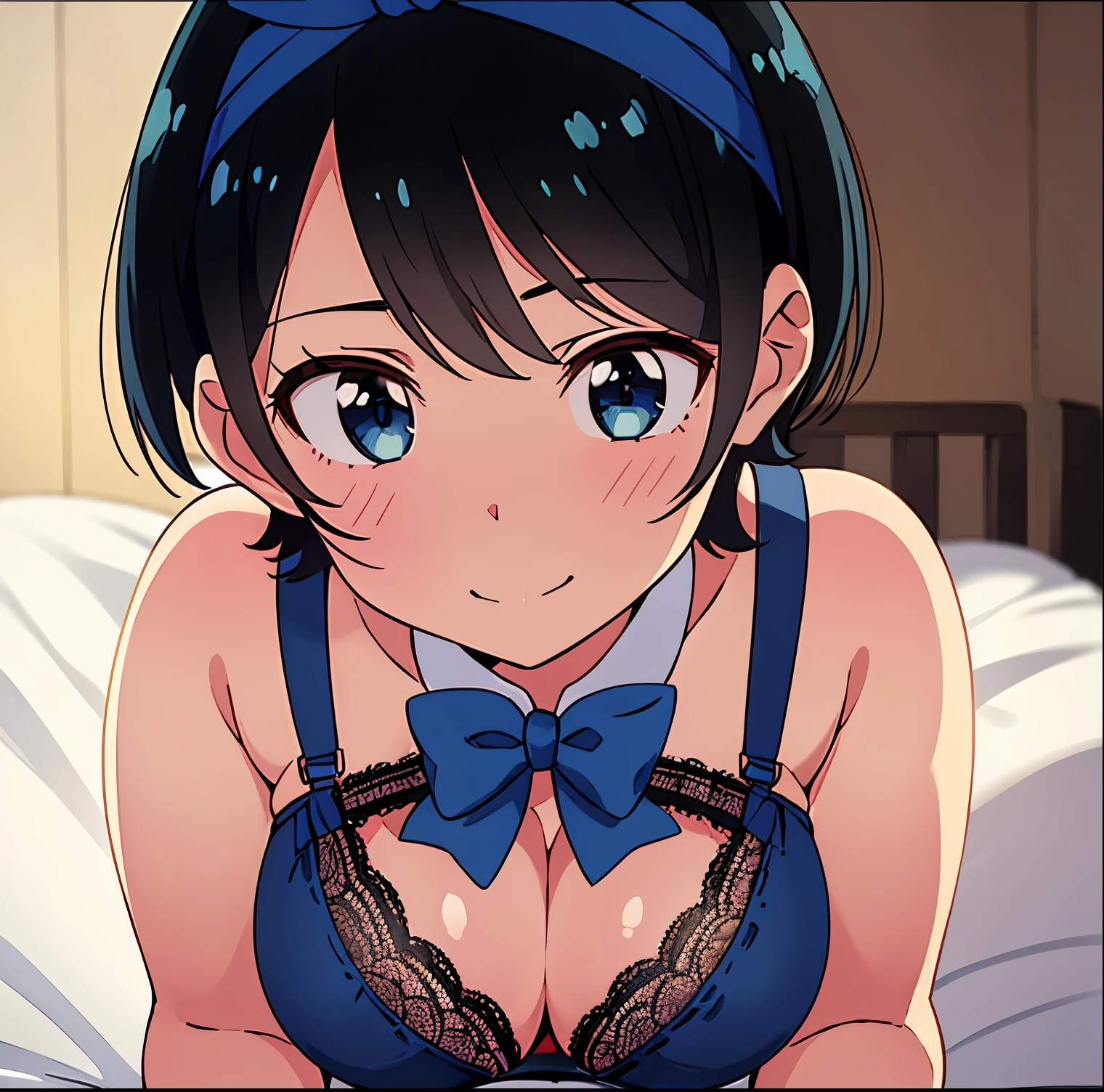 1girl, alone, ruka sarashina, main piece, high quality, high resolution, blue bow, a woman with dark hair, short hair, black hair, blue eyes, black lingerie, black lace bra, black lace thong, bow, bow , blue headband, bangs, big full breasts, cleavage, medium waist, medium hips, wide thighs, cowboy photo, smile, seductive, embarrassed, hotel room, in bed, on all fours, looking at viewer, point of view (from above), excellent hands, excellent anatomy