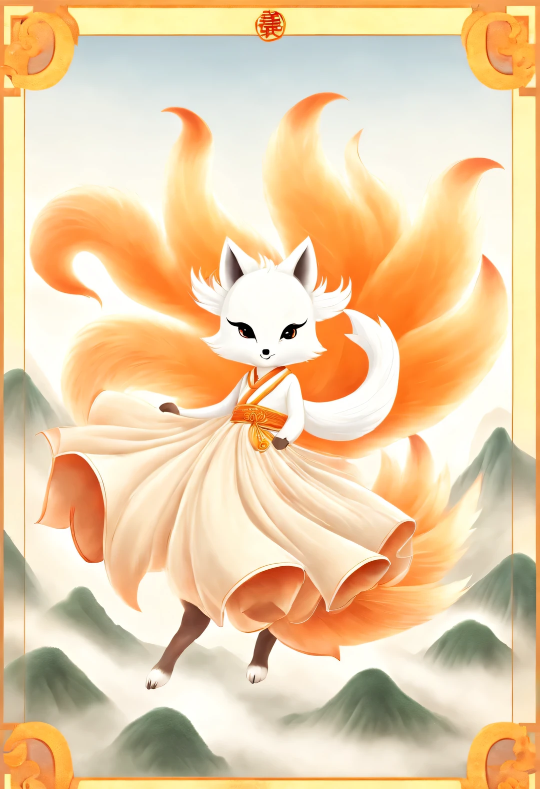Cute nine-tailed fox, A mythical beast in ancient Chinese Classic of Mountains and Seas, running.,There are nine tails on the butt,4 tails real,4 tails are translucent,All the tails spread out wildly like a big open skirt,Phone appearance