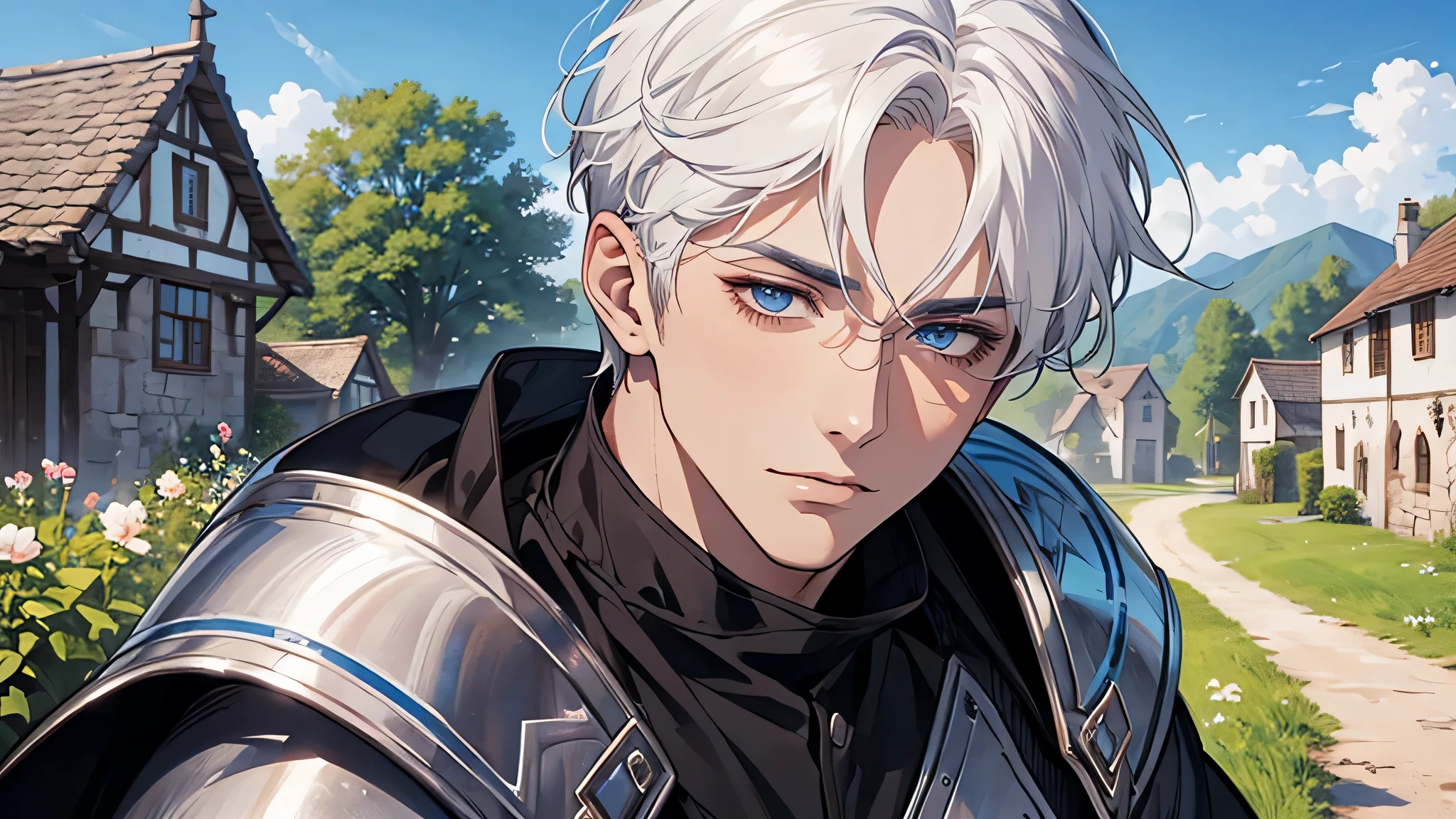 handsome man, white hair, in a small village, countryside, blue sky, medieval times, knight, confused face, face detailed, plump lips, no expression, calm face, detailed eyes, detailed nose, 