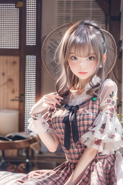 photoRealstic、Doll standing in front of the painting(nendroid)、Open mouth and big smile、Water droplets on the cheeks、Making a heart with both hands、watercolor Nendoroid、(High Definition Figure)、Flowing iridescent silk、up of face、Eye Up、Colorcon with heart pattern、Floral dress、There are also flowers in front of the nendroids、flower petals、season!!: 夏天☀ 🍂