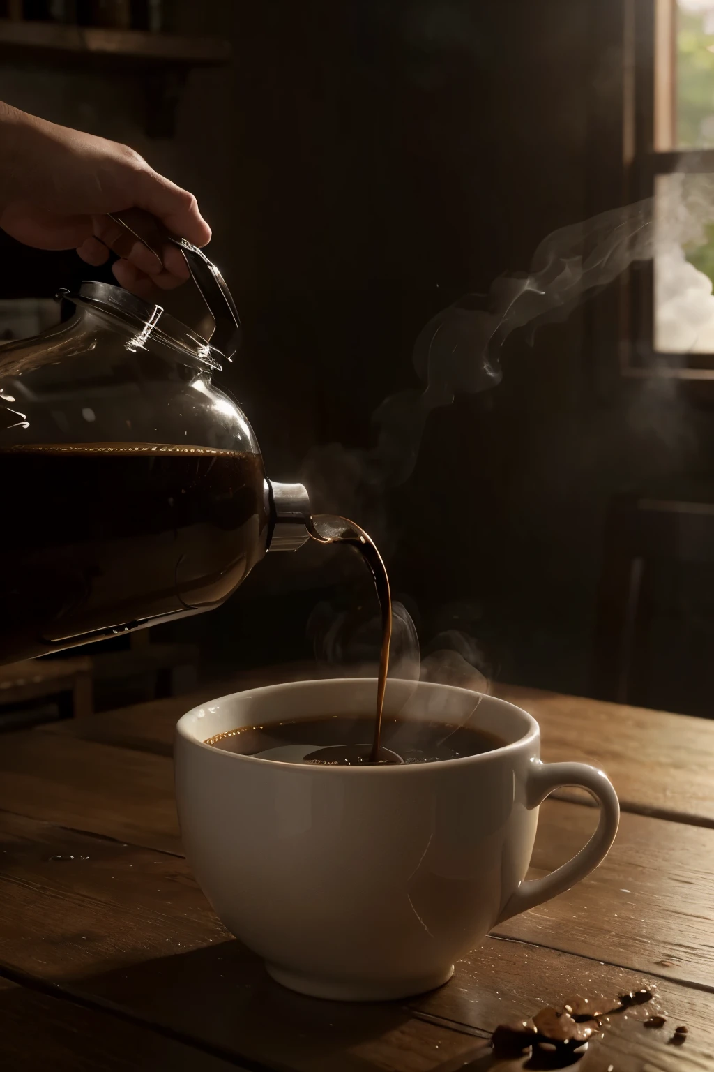 Create a realistic high-resolution scene of a bottle pouring coffee into a cup. The cup should be filled with hot coffee, with steam rising from it. The environment should be carefully lit to highlight the details of the bottle, cup, and coffee steam, creating a cozy and inviting atmosphere. The main focus of the scene should be on the fluid action of pouring the coffee into the cup and the steam rising delicately, conveying the sensation of aroma and warmth.
Additional instructions:
Ensure that the scene is as realistic as possible, with natural textures and reflections on the objects, providing an immersive visual experience.
The lighting should be carefully adjusted to enhance the details and create realistic shadows, accentuating the cozy atmosphere.
Ensure that the steam rising from the cup is represented subtly and realistically, conveying the sensation of warmth and freshness of the coffee.
The video resolution should be at least 1080p to ensure clear and detailed viewing of the scene.
The video should have a minimum duration of 10 seconds to adequately capture the action of pouring the coffee and the steam rising from the cup, providing an immersive experience.
Use advanced rendering techniques, if necessary, to achieve the d realism and create a visually stunning and inviting scene.